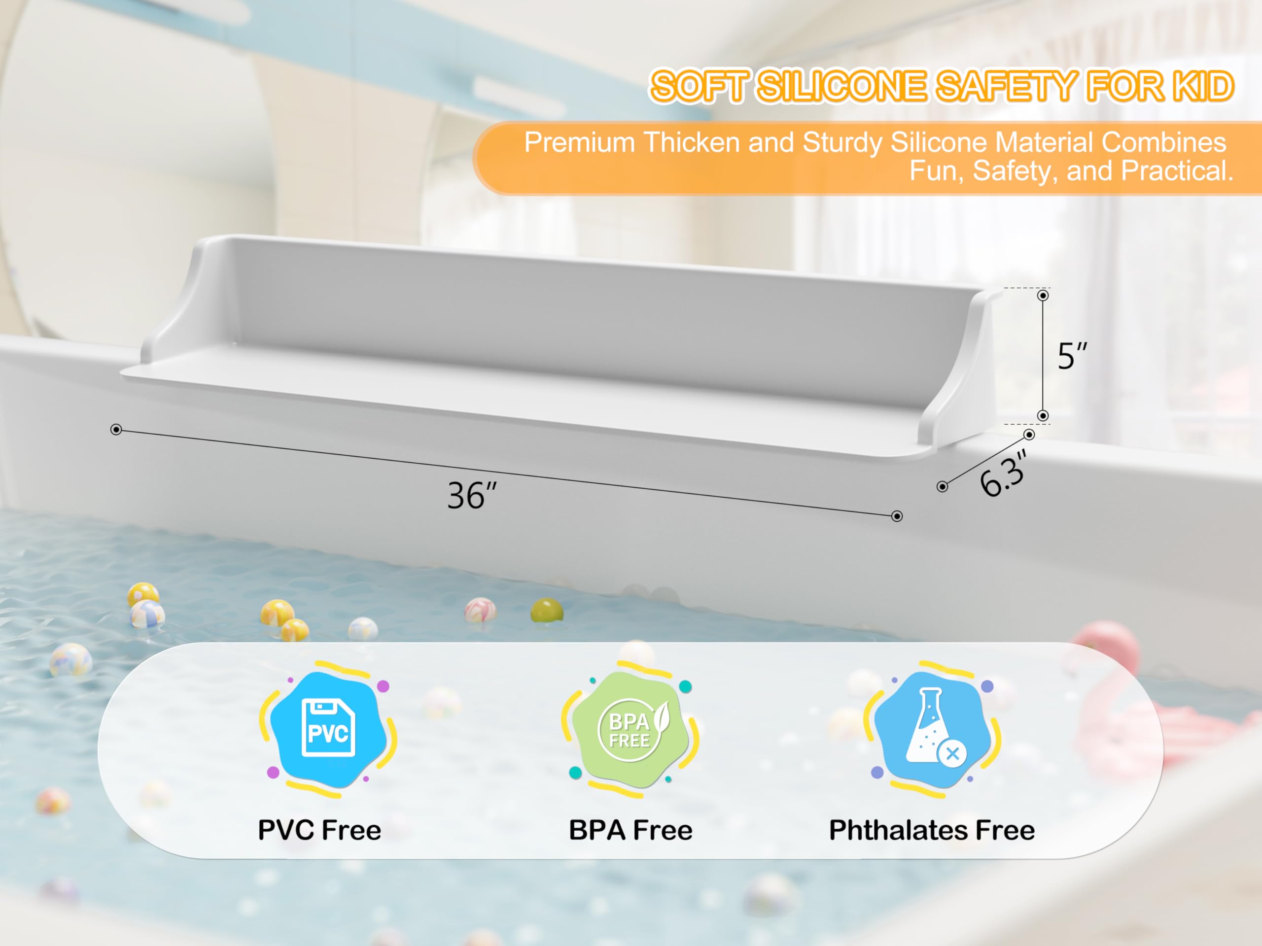 3-Ft Bathtub Splash Guard PlayPad with Strong Suction Cups | Toy Tray Caddy Holder Storage | No-Leak, Mess-Free Bath Time for Kids | White | Perfect for Toddler Bath Safety & Water Play Fun