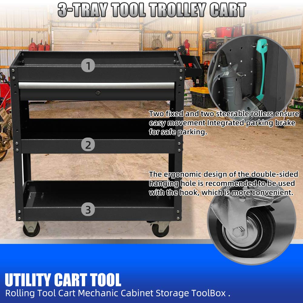 3-Tier Heavy Duty Black Oversized Tool Cart with Drawer - Rolling Storage Organizer Trolley with Wheels & Deep Shelves - Metal Locking Utility Cart for Warehouse, Garage, Office & Cleaning Supplies (Dark Black) - Perfect for Mechanics, DIY Projects & Workshop Organization