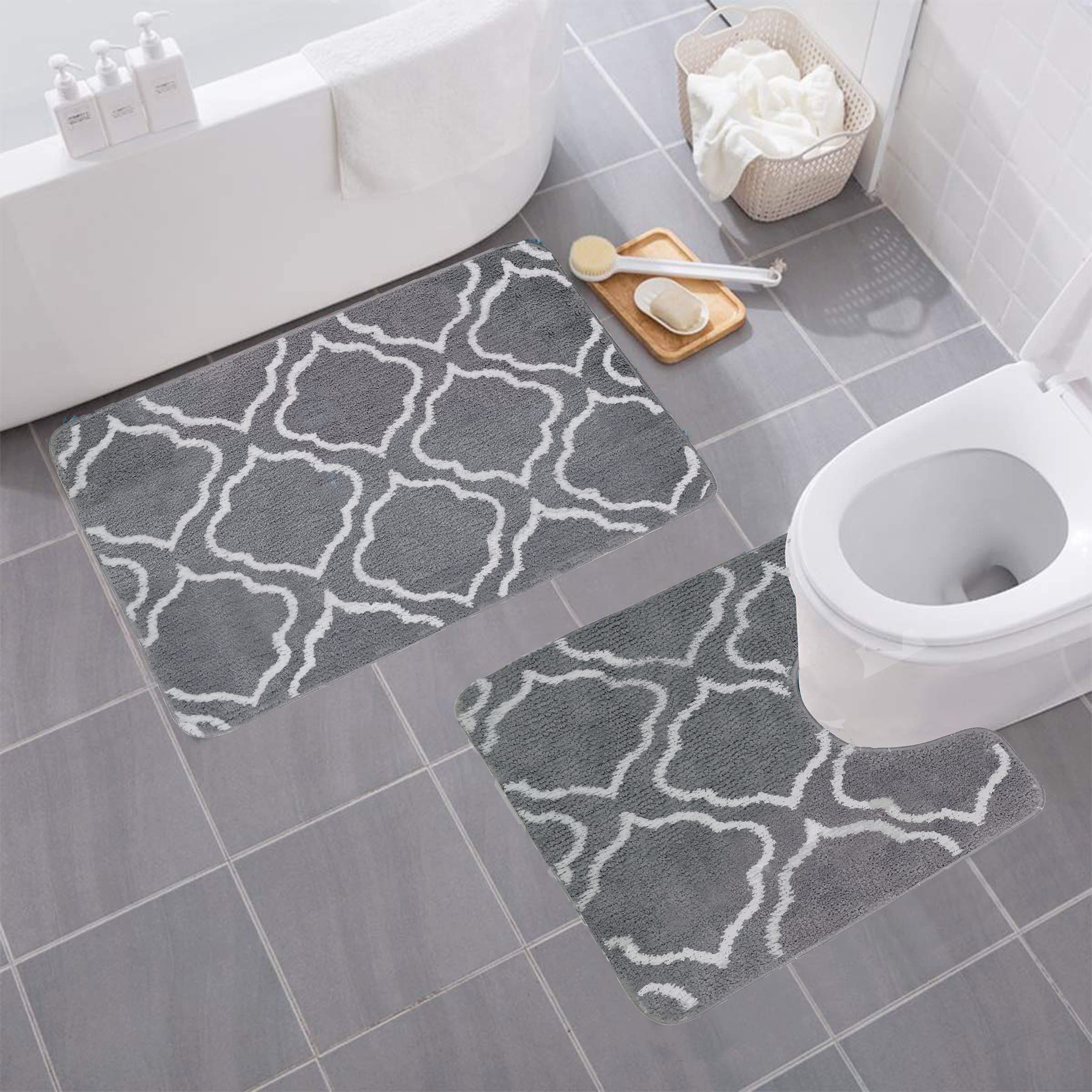 Premium 2-Piece Bathroom Rug Set - Non-Slip Solid Grey Bath Mat & Toilet Lid Cover with Rubber Backing | Soft Geometric Design for Modern Bathrooms, Guest Baths & Master Suites