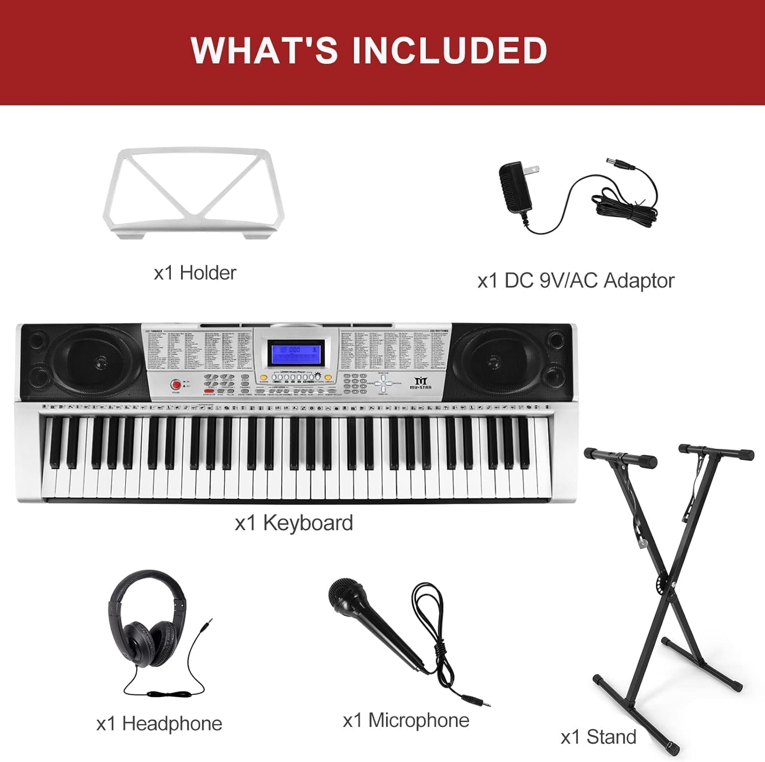 **MUSTAR 61-Key Light-Up Electric Keyboard Piano with Stand, Headphones & Microphone – Beginner Digital Piano with LCD Screen – Perfect for Learning, Holiday & Birthday Gifts (Silver)** – Ideal for Home Practice, Music Lessons & Live Performances