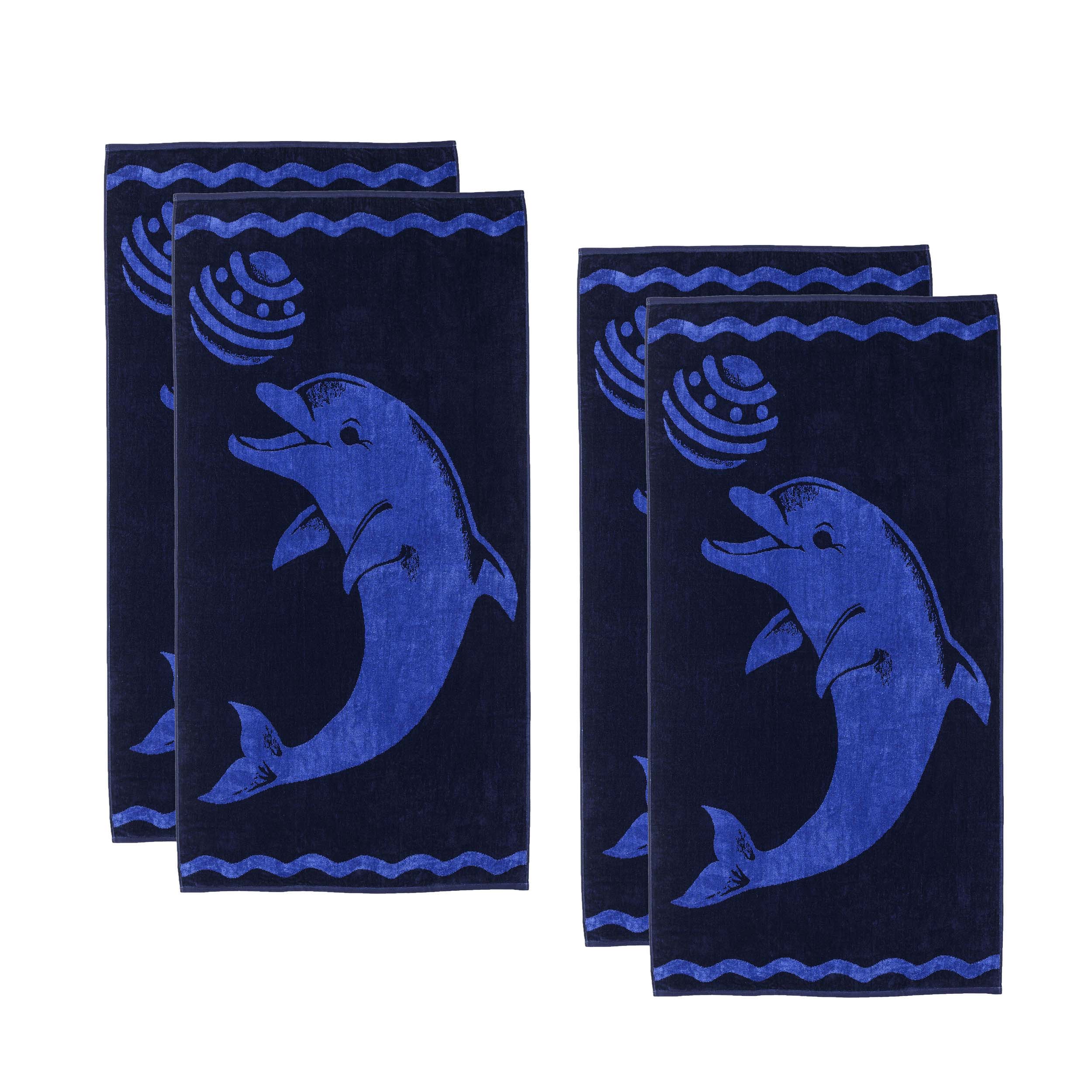 Premium Oversized Cotton Beach Towel Set - 4 Piece Soft & Absorbent Bath Towels for Pool, Beach, Gym & Travel - Play Dolphin Design