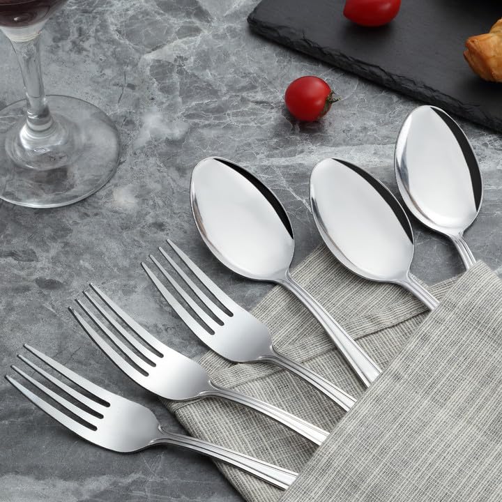 24-Piece Stainless Steel Forks and Spoons Set - 12 Dinner Forks & 12 Spoons - Food Grade Mirror Polished Silverware for Home, Kitchen, Restaurant & Party Use - Dishwasher Safe Durable Flatware