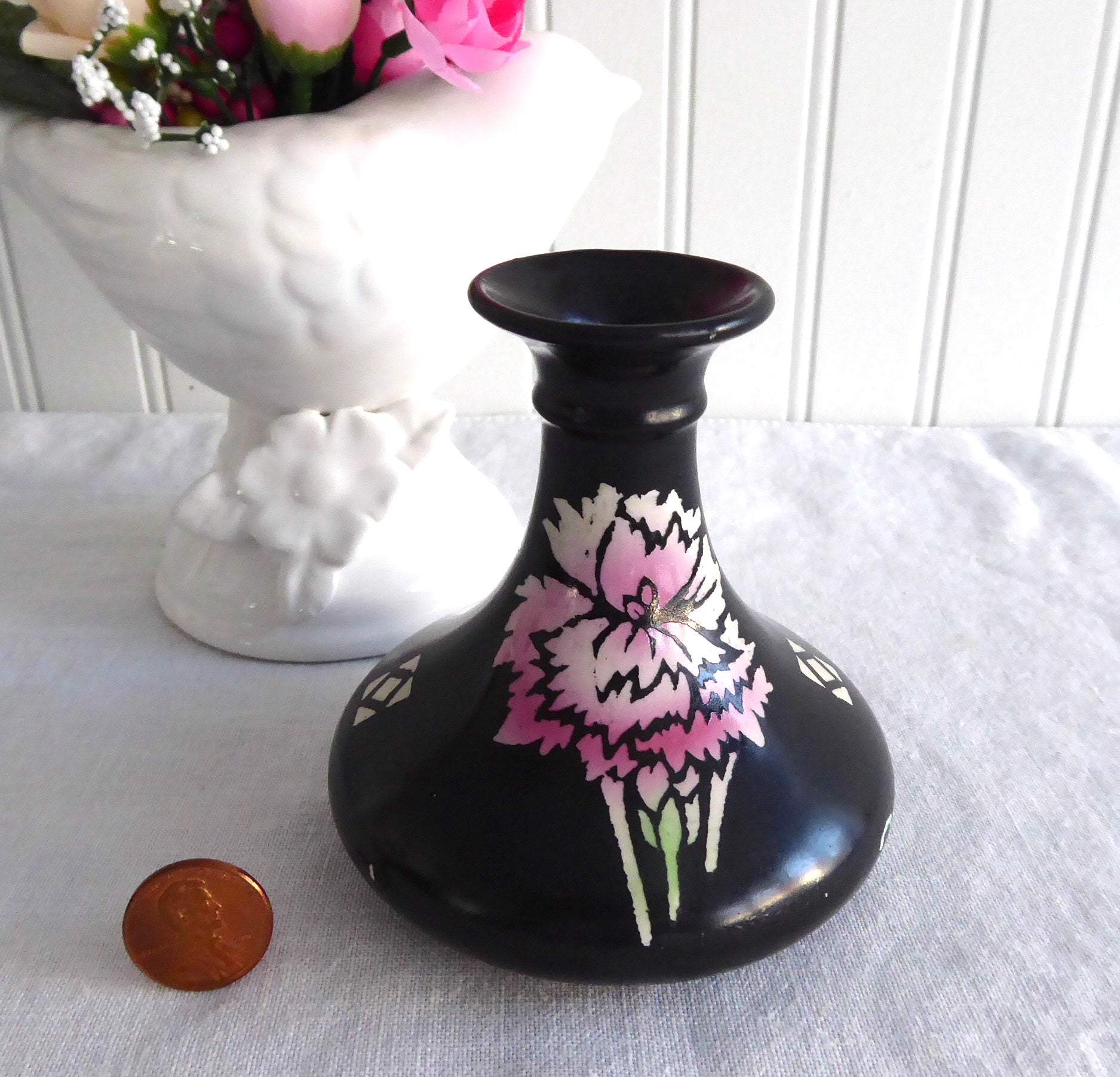 Vintage Shelley China Carnations Vase - Art Deco Black England 1910s Pink Floral Design | Perfect for Home Decor, Antique Collectibles & Floral Arrangements
