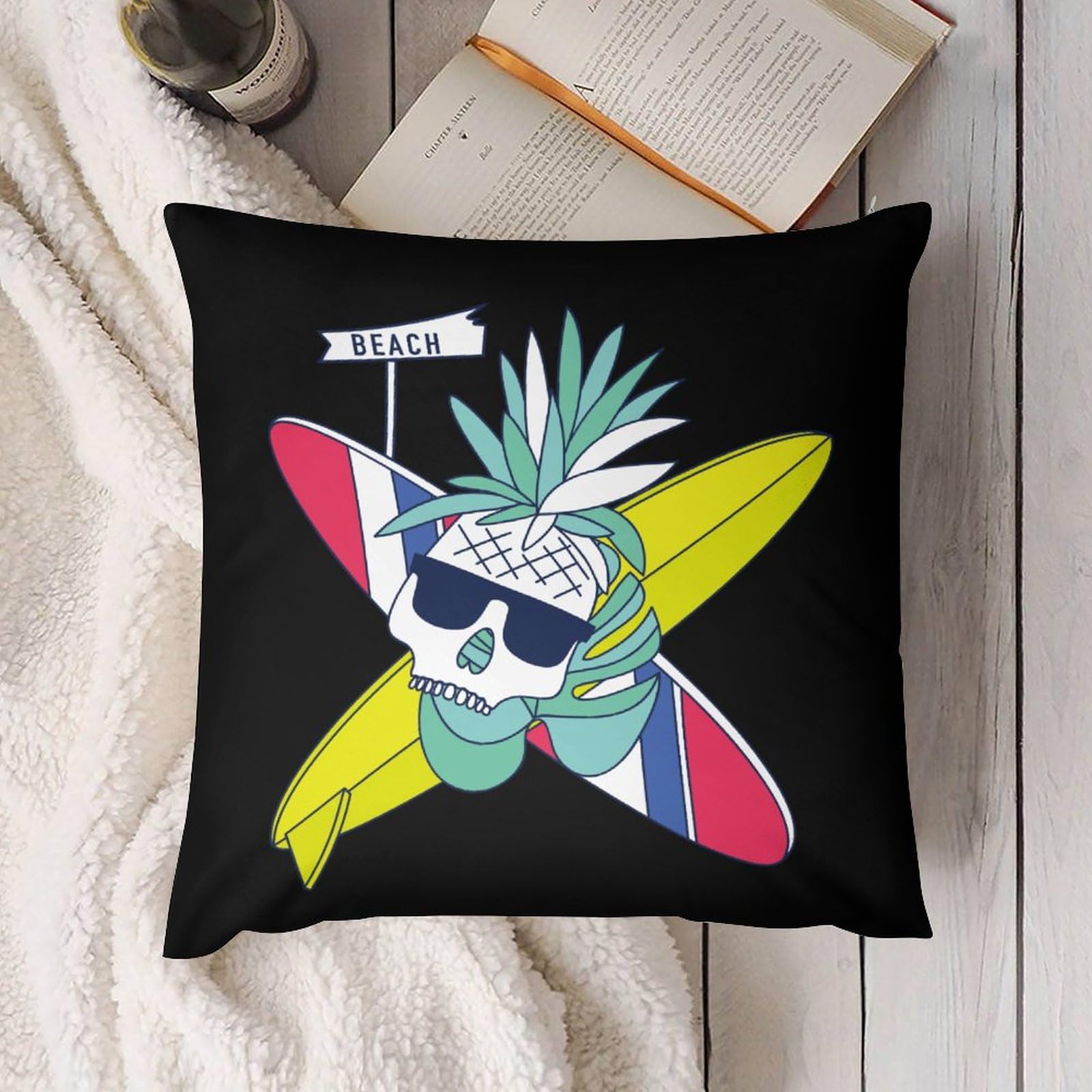 Surfboard Skull Pineapple Plush Pillow Covers - Soft 16x16 Inch Cushion Cases for Sofa, Bed, Dorm (Set of 4) - Tropical Home Decor & Beach House Accessories