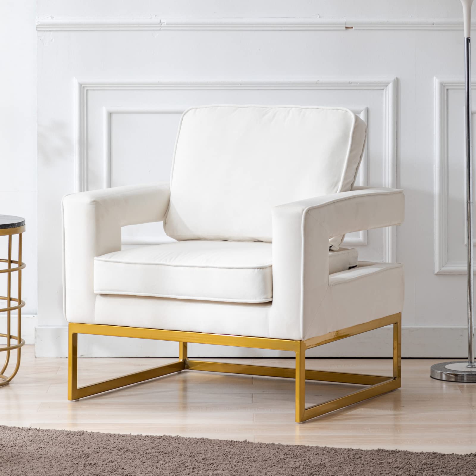 LukeAlon Elegant Velvet Accent Club Chair - Modern Upholstered Armchair with Gold Metal Legs, Comfortable Single Sofa & Reading Chair for Living Room, Bedroom, Office - Soft White Velvet Fabric (Perfect for Cozy Reading Nooks & Lounge Areas)