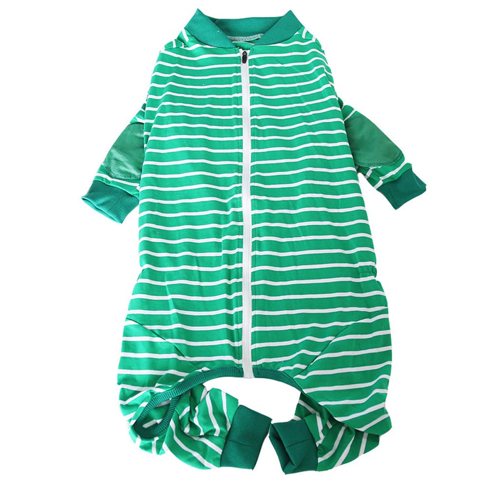 Large Dog Striped Jumpsuit - 4-Legged Cotton Pajamas with Zipper for Big Dogs (Size 6, Green) - Cozy Pet Clothes for Winter & Indoor Lounging