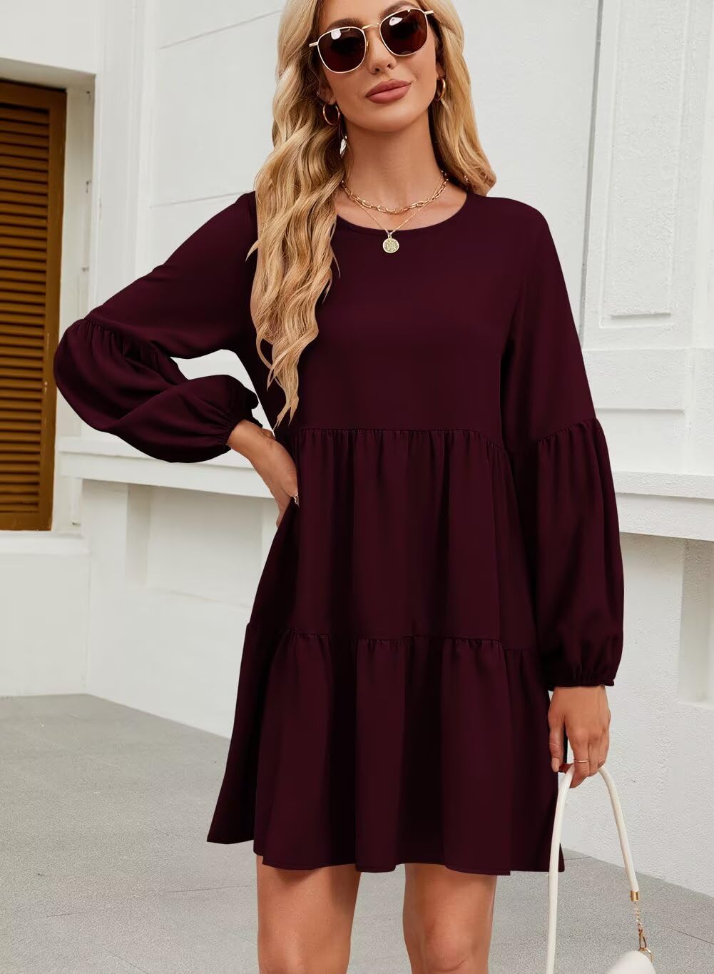QACOHU Women's Summer Babydoll Dress 2025 - Spring Crew Neck Long Sleeve Loose Flowy Swing Tunic Mini Dress for Casual Outings & Beach Vacations
