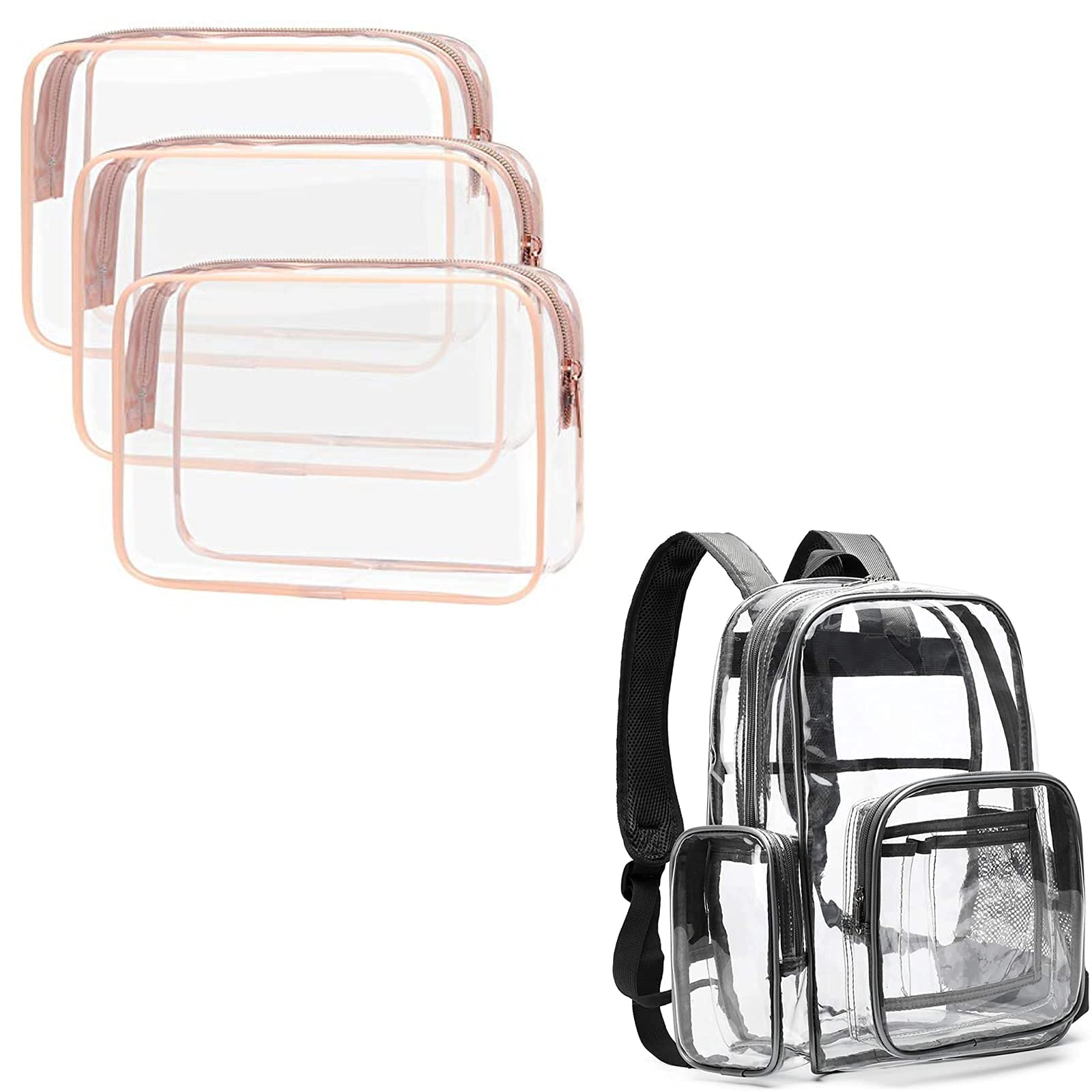 Clear TSA Approved Toiletry Bag 3-Pack with Quart Size Travel Organizer & Transparent Backpack - Waterproof Heavy Duty Travel Essentials for School, Work, Gym & Air Travel Accessories
