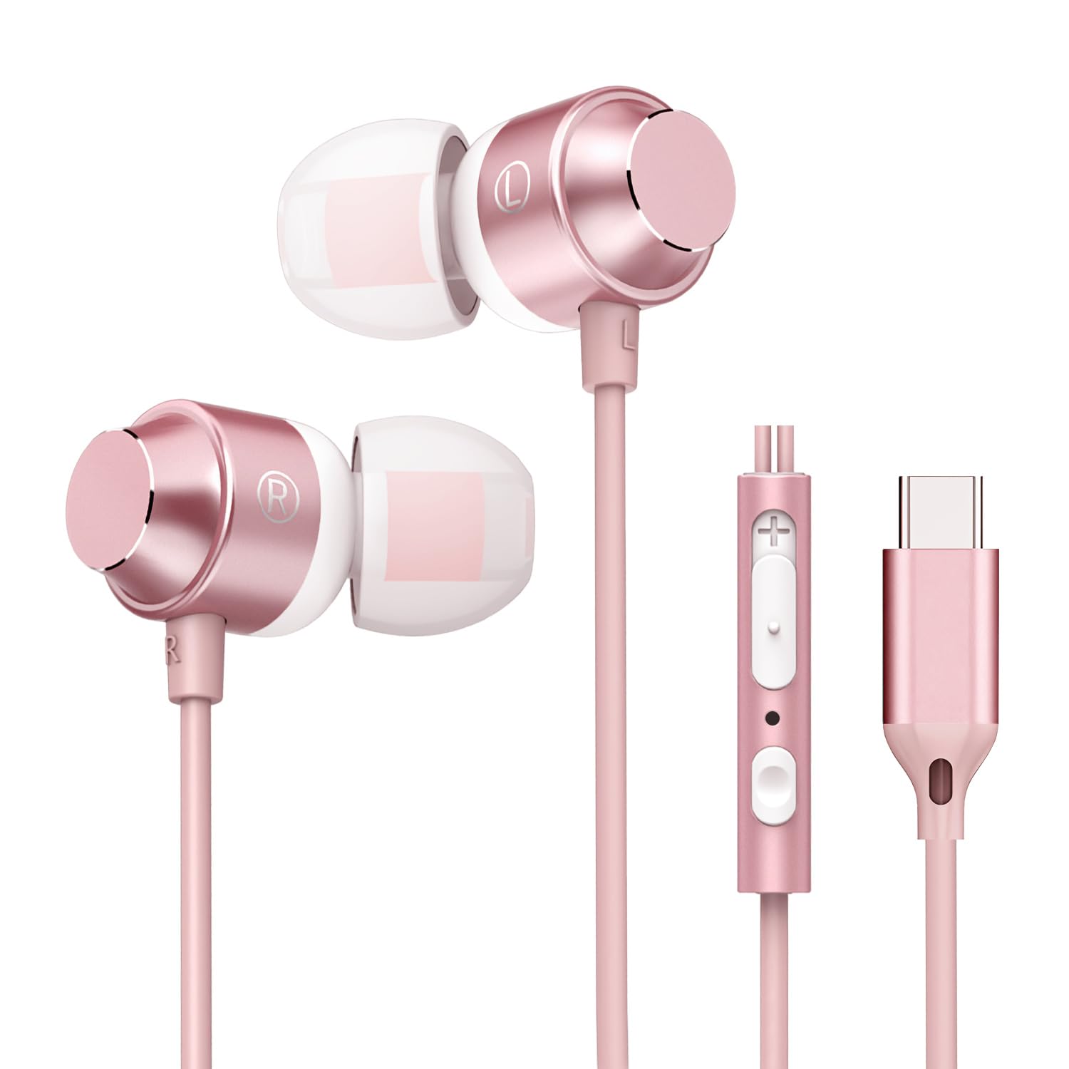 Rose Gold USB C Earbuds with Microphone - Wired Type C In-Ear Headphones with Stereo Bass & Volume Control - Compatible with iPhone 15, Samsung & Google Pixel (Perfect for Gym, Commuting & Work Calls)