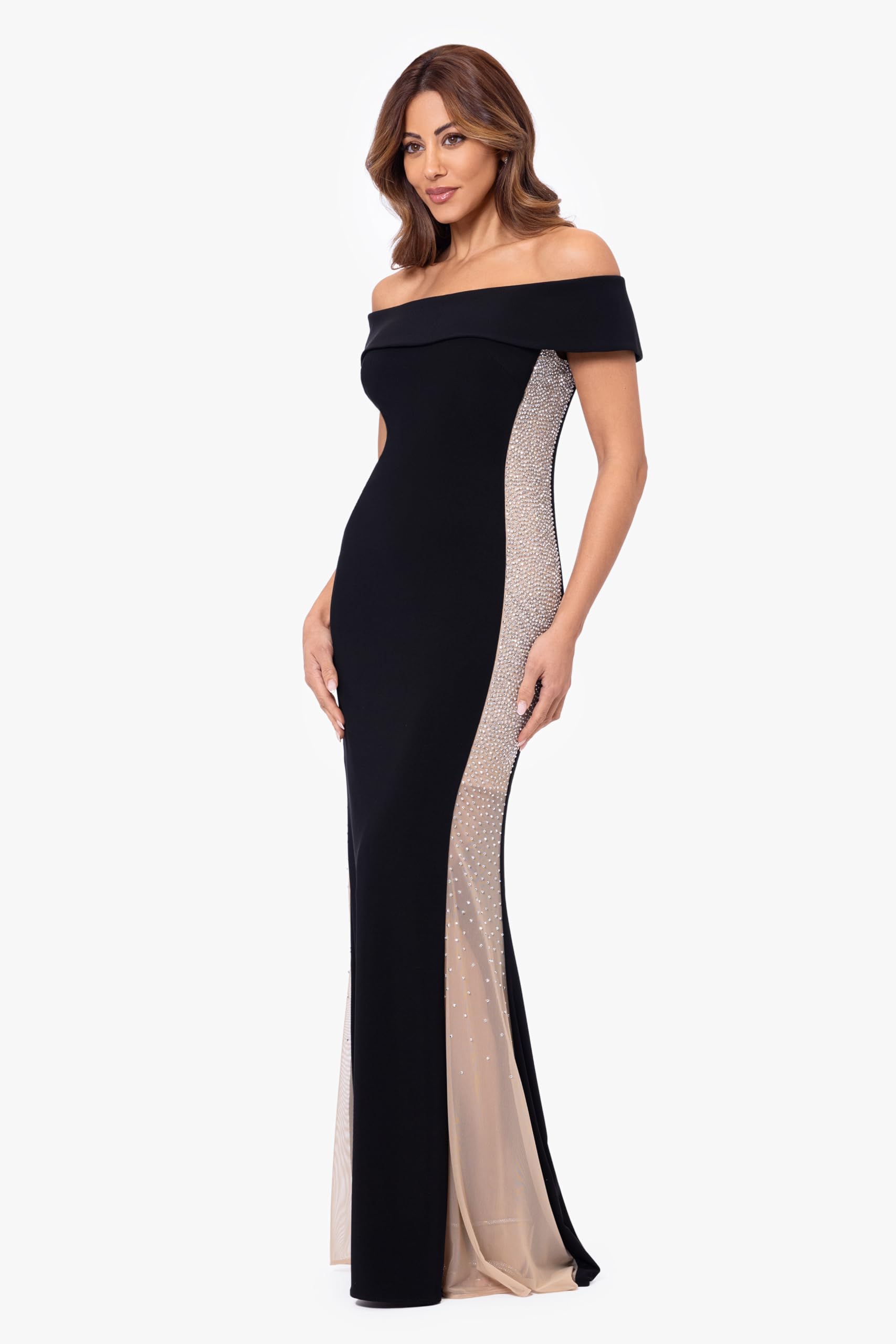 Xscape Women's Off The Shoulder Beaded Bodycon Formal Maxi Dress - Elegant Evening Gown for Prom, Wedding & Special Occasions