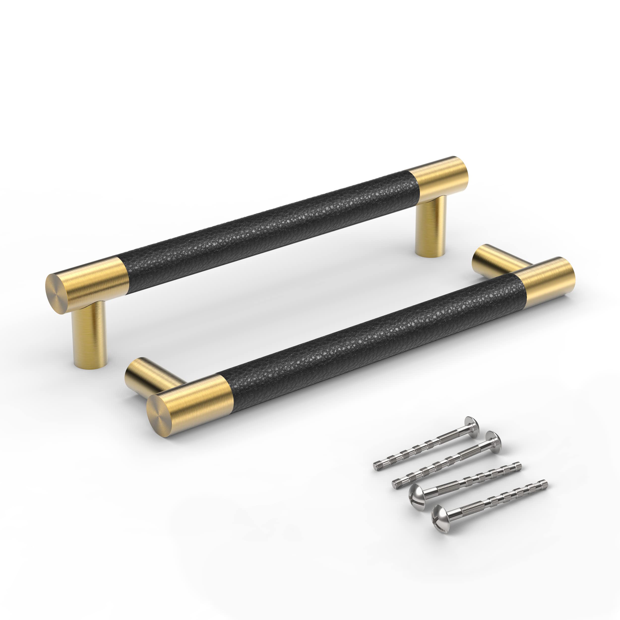 Brushed Satin Gold/Brass Cabinet Handles - 2 Pack Upholstered Black Leather Drawer Pulls (7.3