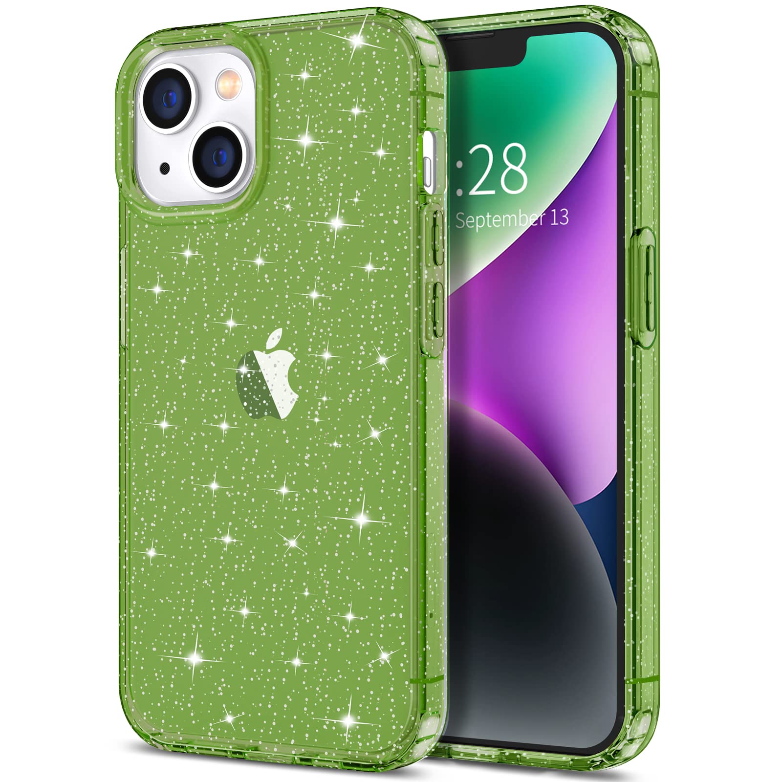 Hython Glitter Case for iPhone 14 Plus - Sparkly Clear TPU Protective Phone Cover with Anti-Scratch & Shockproof Design | Slim Fit Cute Bling Case for Women (Pine Green Glitter) | Perfect for Everyday Use, Parties, and Gift Giving