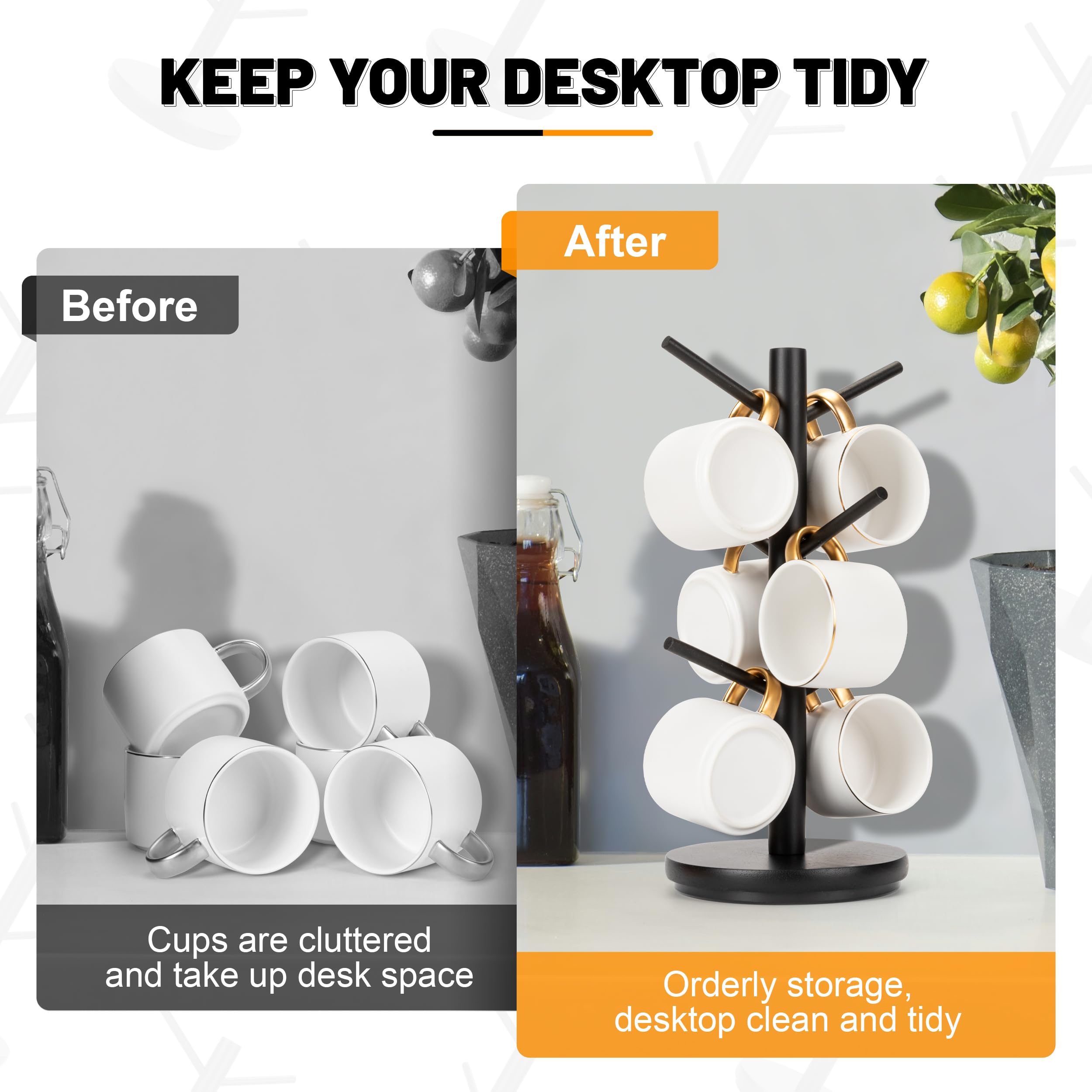 MyLifeUNIT 360° Rotating Mug Holder Tree with 6 Hooks - Wooden Coffee Cup Organizer for Countertop & Coffee Bar - Perfect for Kitchen, Office, or Cafe (Black)