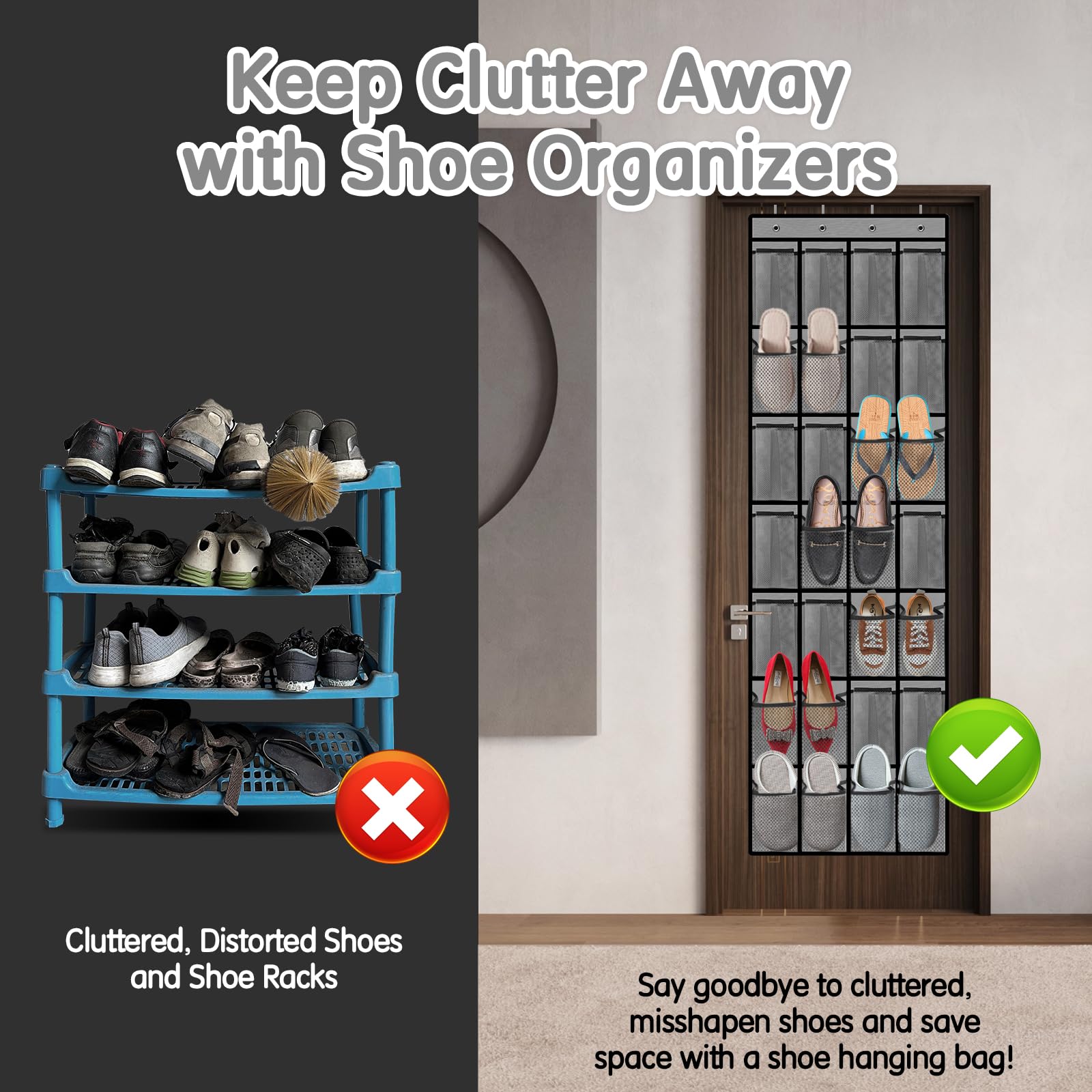 28-Pocket Breathable Mesh Over-the-Door Shoe Organizer for Men & Women - Space Saving Closet Storage Solution for Sneakers, Sandals & Boots (Gray) - Perfect for Bedrooms, Dorms & Entryways