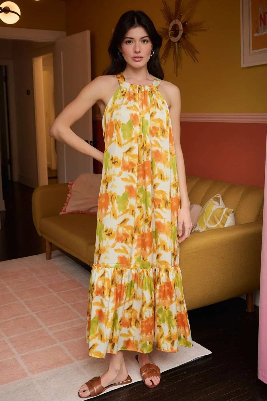 Orange & Yellow Tropical Halter Neck Satin Maxi Dress for Women - Beach Vacation, Summer Party & Resort Wear