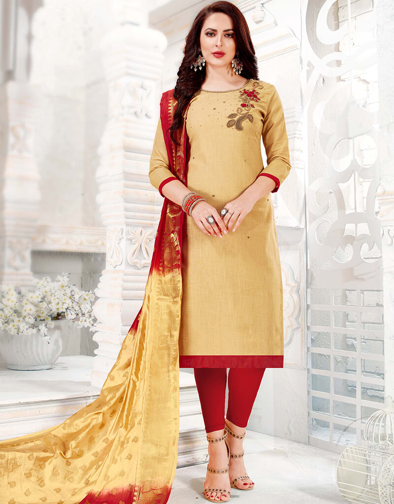 Elegant Beige Cotton South Slub Chudidar Salwar Suits for Women - Traditional Indian Ethnic Wear for Festivals, Weddings & Special Occasions