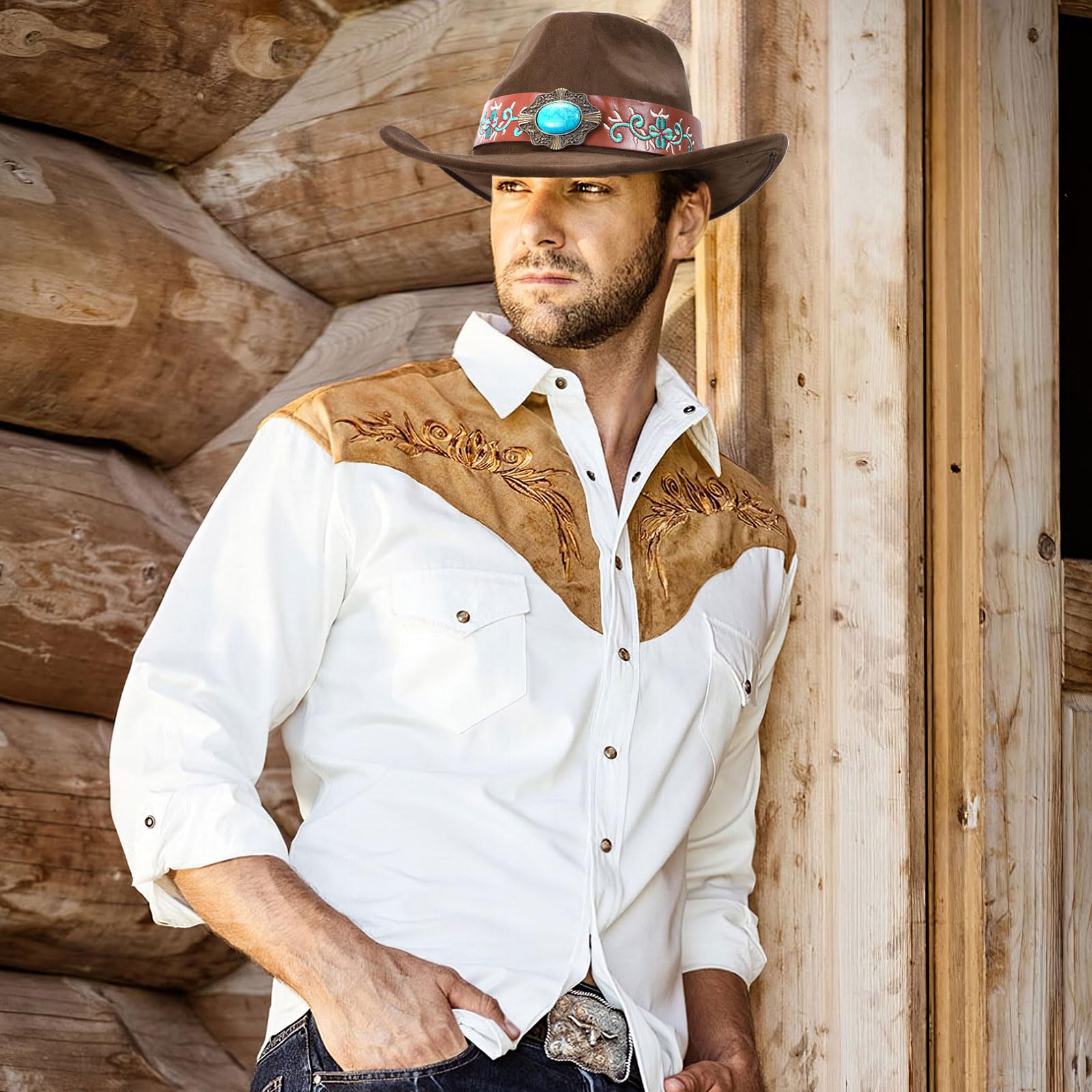 SANSTHS Western Cowboy Hats for Men & Women - Wide Brim Felt Cowgirl Hat with Leather Band - Perfect for Rodeo, Country Music Festivals & Western Fashion Outfits