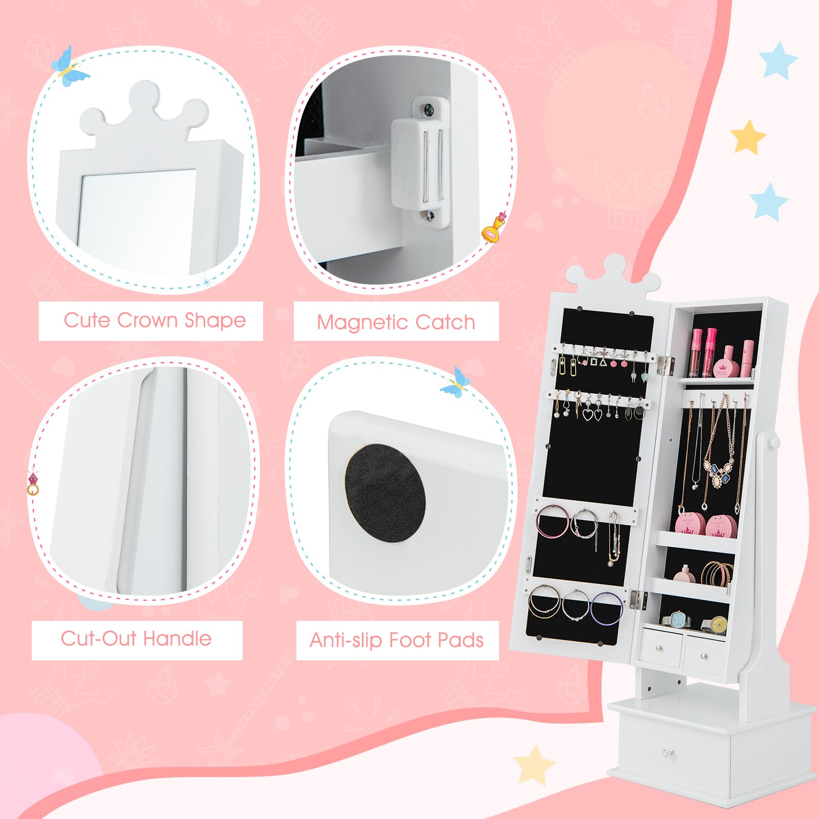 Costzon Kids Jewelry Armoire with Mirror & Drawers - White Vanity Organizer for Girls' Room