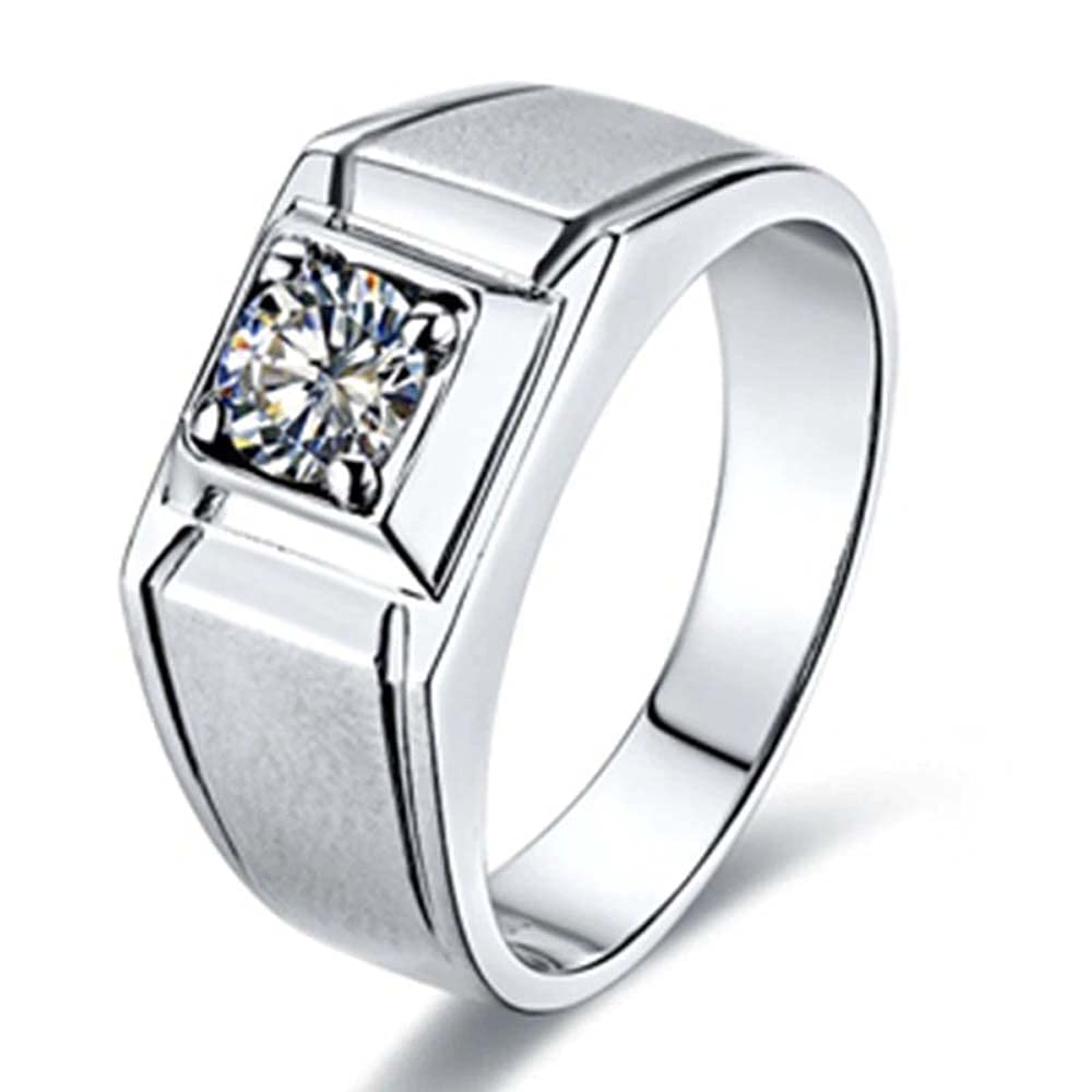 925 Sterling Silver Men's Diamond Wedding Ring - Round Cut Solitaire Band, 14K White Gold Plated for Engagement, Anniversary & Special Occasions