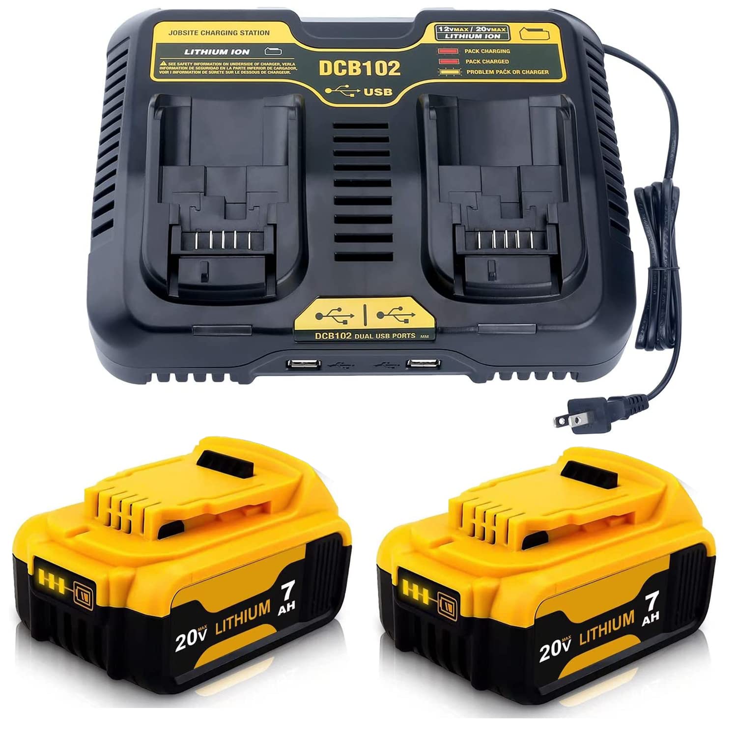 Upgraded 7.0Ah 2-Pack DCB206 Battery & DCB102 4A Fast Dual Charger for Dewalt 20V MAX XR Tools - Compatible with DCB200, DCB201, DCB203, DCB204, DCB205, DCB207 - Perfect for Power Drills, Saws, and Outdoor Equipment