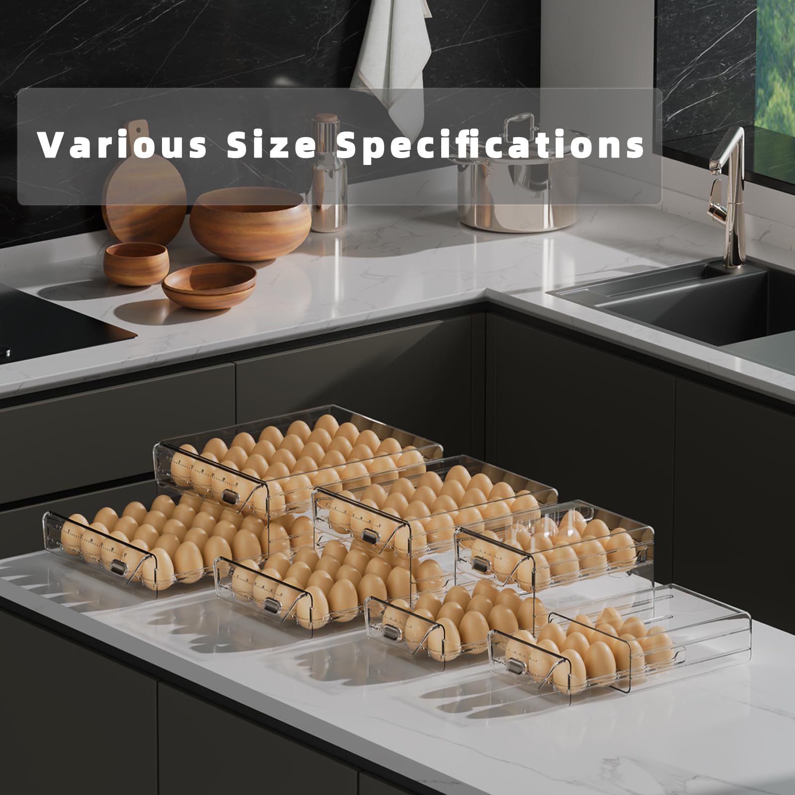 Clear 24 Egg Holder for Refrigerator - High Capacity Stackable Egg Organizer with Time Scale & Drawers (2 Layer, 7.9