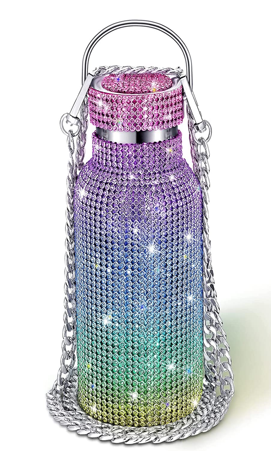 Sparkling Diamond Rhinestone Stainless Steel Insulated Water Bottle - 17oz Glitter Vacuum Flask for Women, Girls | Keeps Drinks Hot/Cold 12+ Hours | Perfect for Gym, Yoga, Hiking & Outdoor Activities (Colorful)