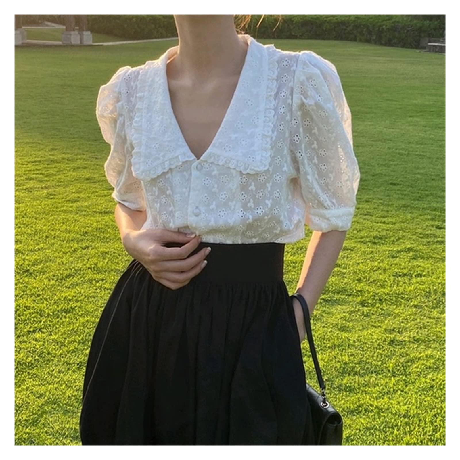 Summer Hollow Floral Lace Blouse for Women - Puff Short Sleeve Shirt with Collar, Solid Color Loose Top (Color: A, Size: S) | Perfect for Beach Outings, Date Nights & Summer Parties