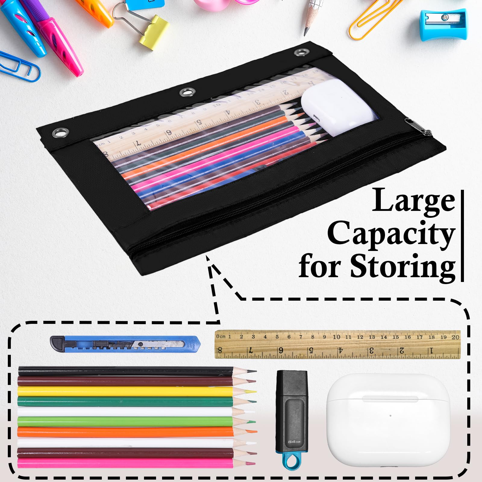 YoeeJob 36 Pack Black Zipper Pencil Pouch with Clear Window for 3 Ring Binder - School & Office Organization for Pens, Markers, and Supplies - Perfect for Students, Teachers, and Professionals