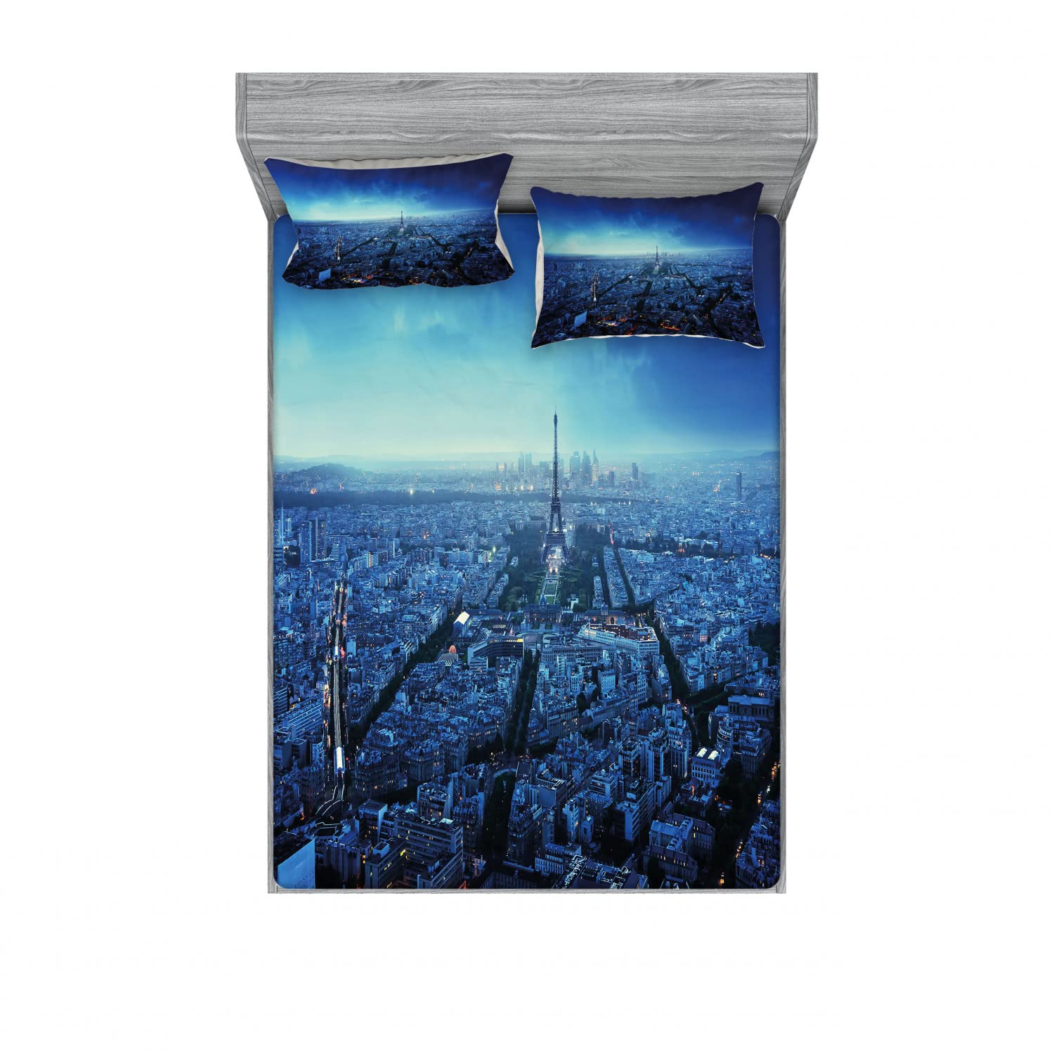 Ambesonne Paris 2-Pack Queen Size Fitted Sheet Set with 4 Pillow Shams - Eiffel Tower Cityscape Design Navy Blue Bedding Decor | Perfect for Guest Rooms, Vacation Homes & Paris-Themed Bedrooms