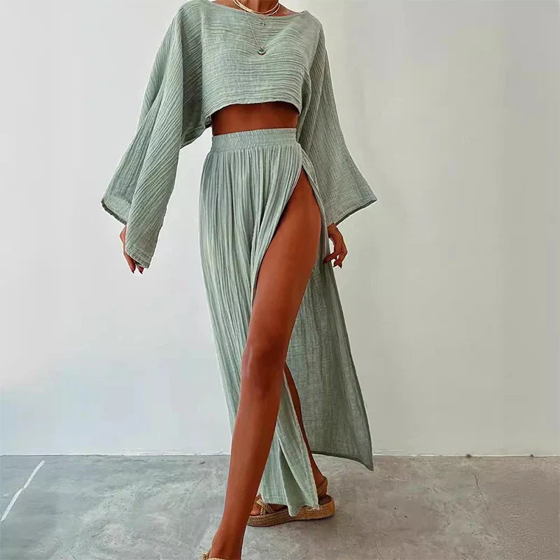 Stylish Women's Linen 2-Piece Set - Crop Top & High Waist Slit Maxi Skirt | Summer Beach Cover Up, Lounge Wear & Vacation Outfit | Breathable Linen Fabric for Casual, Boho & Date Night Looks