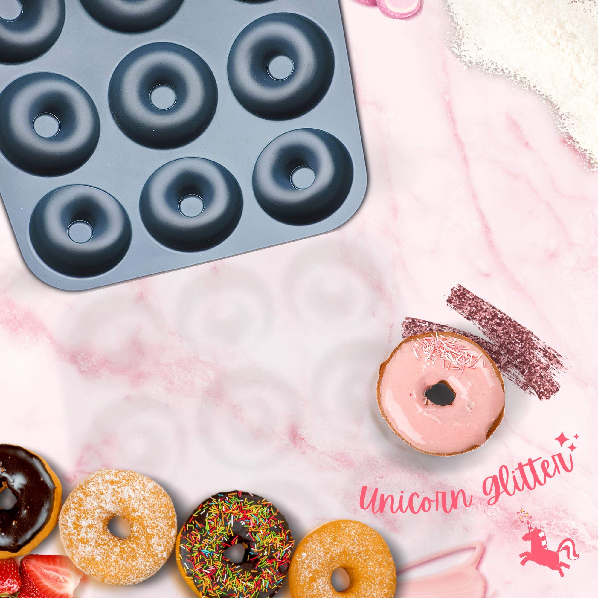 Non-Stick Silicone Donut Pan - 9-Cavity Large Donut Mold, LFGB Certified & Oven/Dishwasher/Freezer Safe - Perfect for Baking Homemade Donuts, Cupcakes & Muffins | Great for Parties, Breakfast & Desserts | by Unicorn Glitter LLC (Navy Blue)