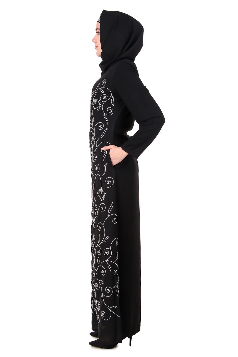 Elegant Front Floral Embroidered A-Line Abaya Dress for Women - Perfect for Prayer, Modest Fashion, and Special Occasions