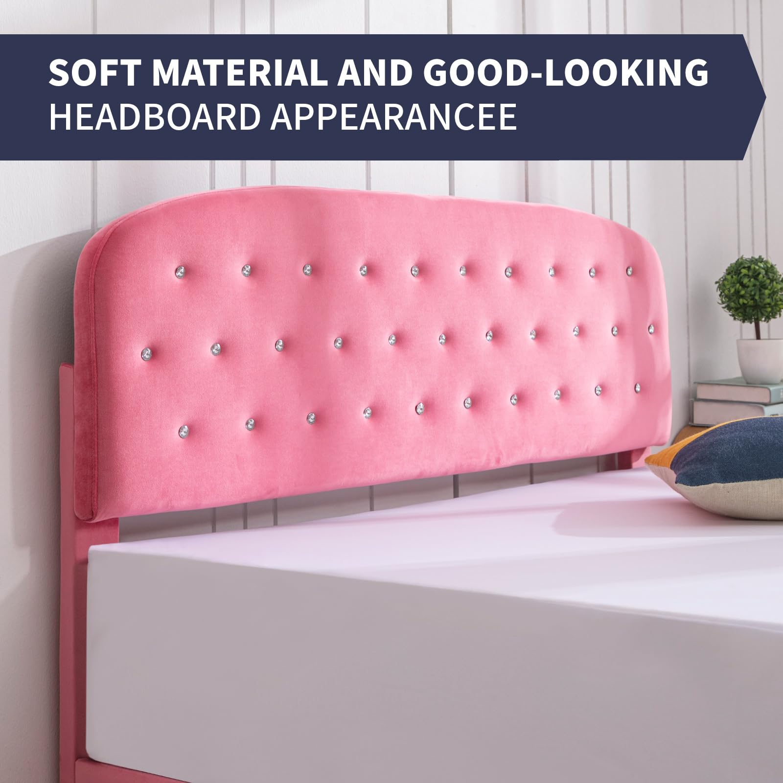 ZAFLY Full Size Bed Frame for Kids - Pink Princess Bed with Cushioned Headboard & Wooden Slats, Sturdy Girls Bed Frame for Deep Sleep | Perfect for Bedrooms, Playrooms & Sleepovers (Diamond Design)