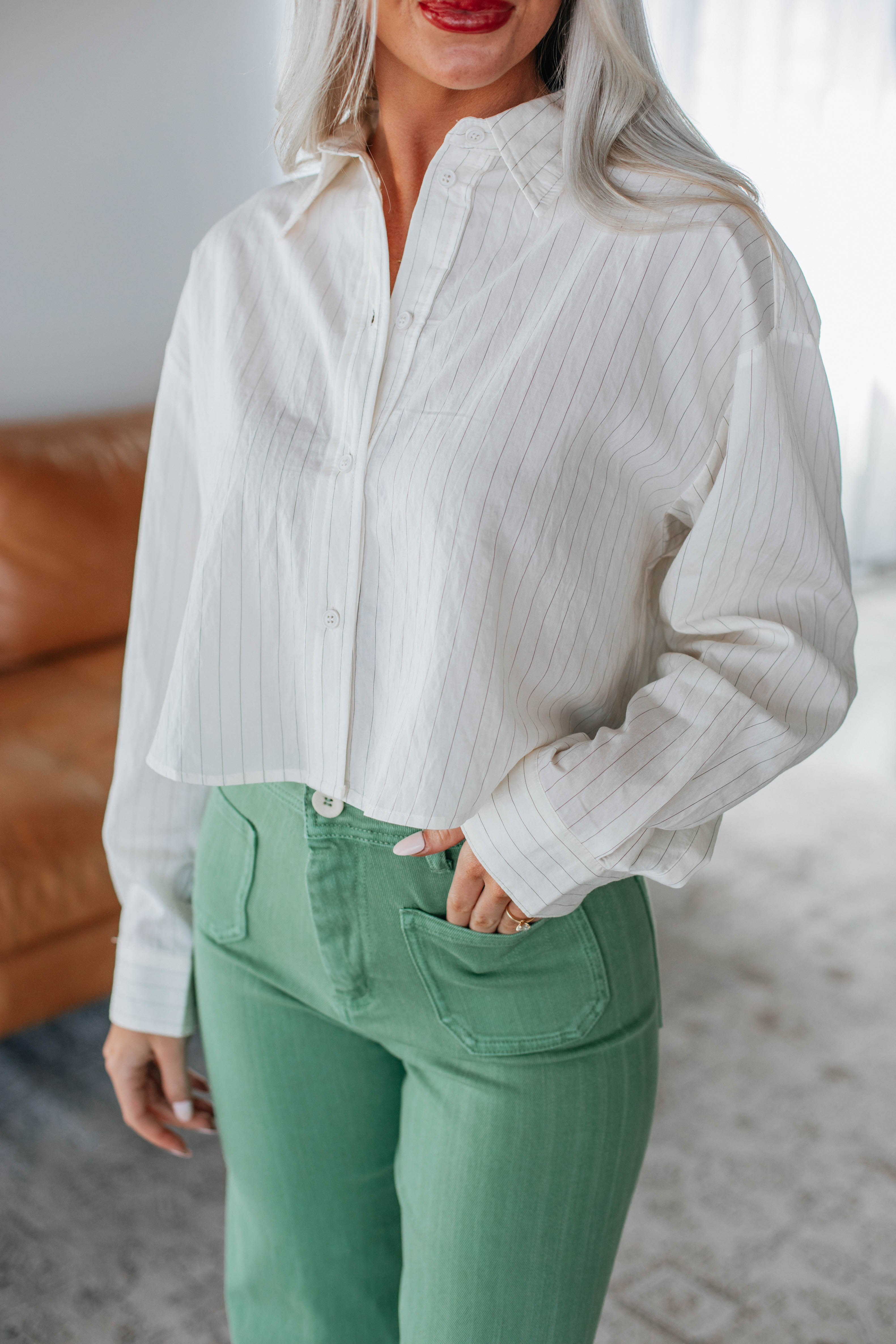 Larissa Women's Ivory Striped Button Down Shirt - Casual Office Wear & Spring Outfits