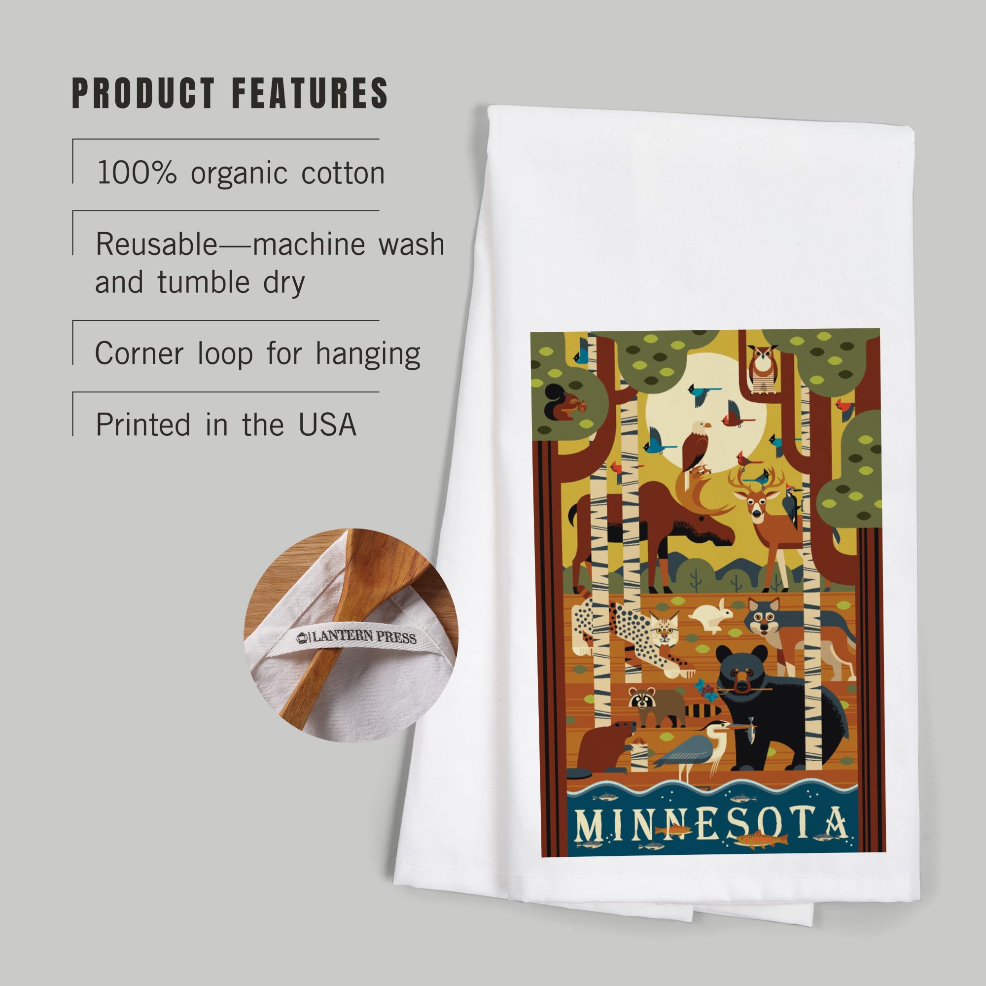 Minnesota Forest Animals Geometric Print 100% Cotton Tea Towel - Decorative Hand Towel for Kitchen, Bathroom & Home Decor - Perfect for Farmhouse, Cabin & Rustic Style Homes