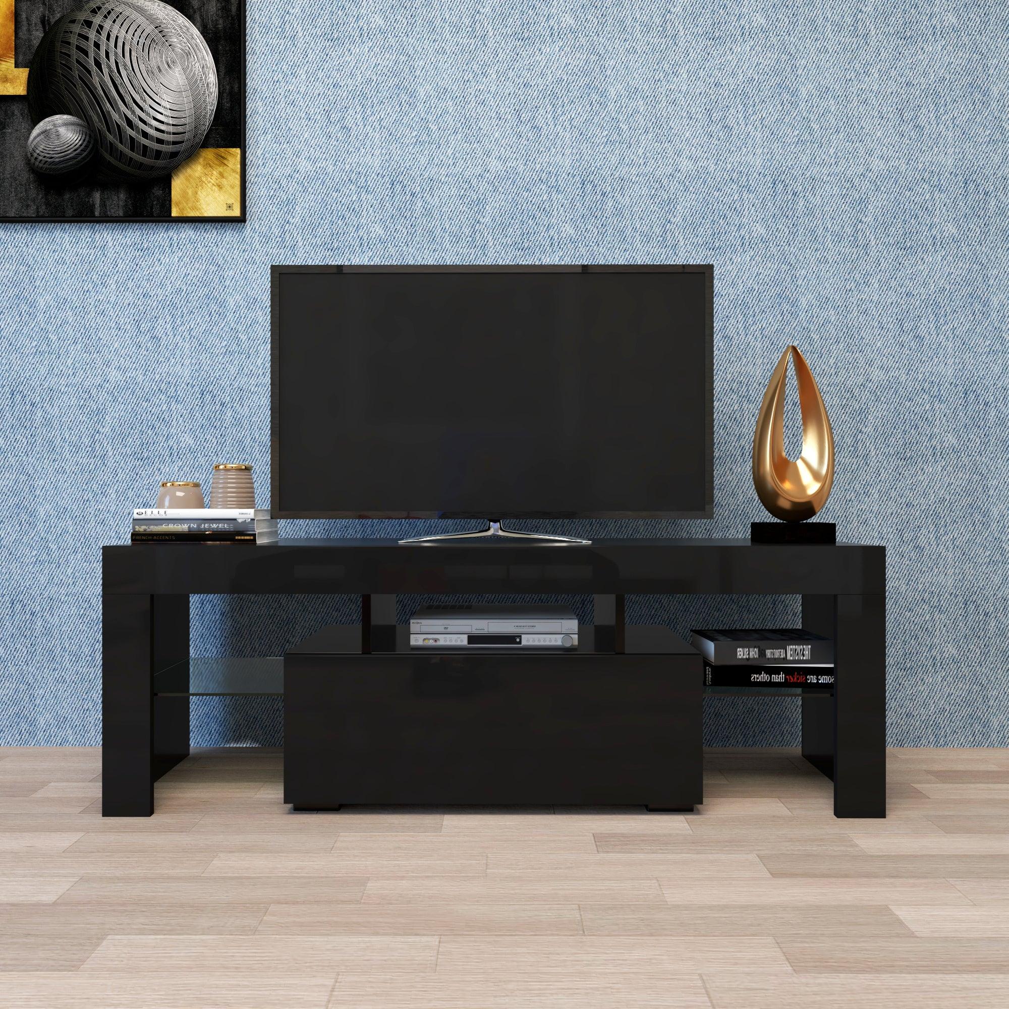 Black TV Stand with LED RGB Lights - Modern Flat Screen TV Cabinet for Gaming Consoles - Perfect for Living Room, Bedroom & Lounge Room Decor (Black) - Ideal for Movie Nights & Gaming Setup