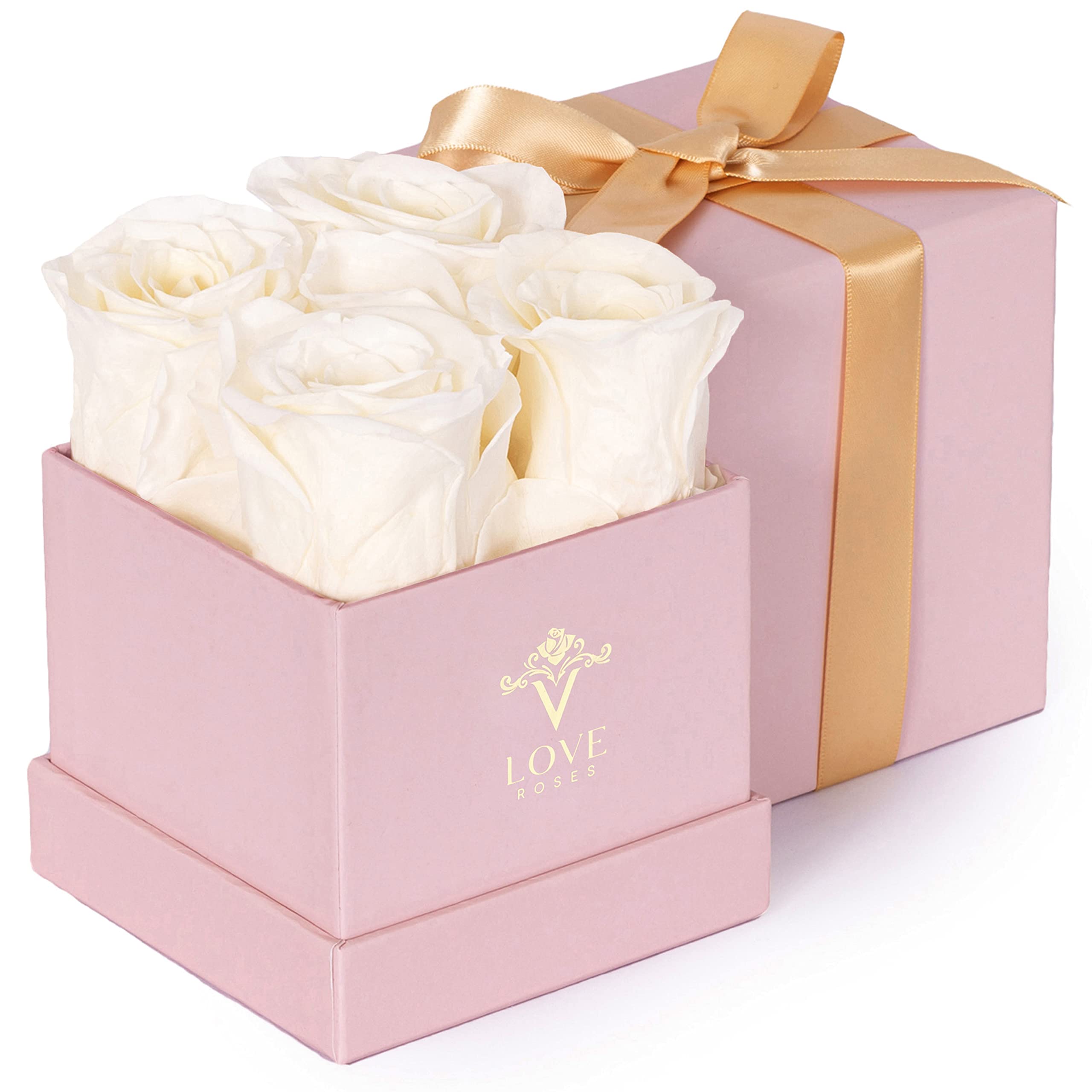 VLove® Forever Roses in a Box - Real Preserved Roses That Last 1 Year | Natural Eternal Flowers Gift for Valentine's Day, Anniversary & Romantic Occasions | White Premium Rose Box (Rosas Eternas) - Perfect for Weddings, Home Decor & Luxury Gifts for Her