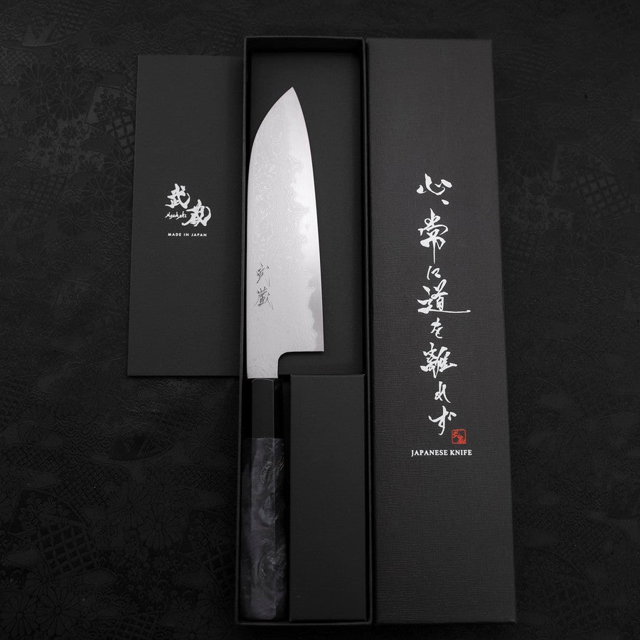Premium Santoku Knife 170mm - Blue Steel #1 Suminagashi with Maple Handle - Japanese Kitchen Knife for Professional Chefs & Home Cooking - Perfect for Slicing, Dicing & Mincing Vegetables, Meat & Fish