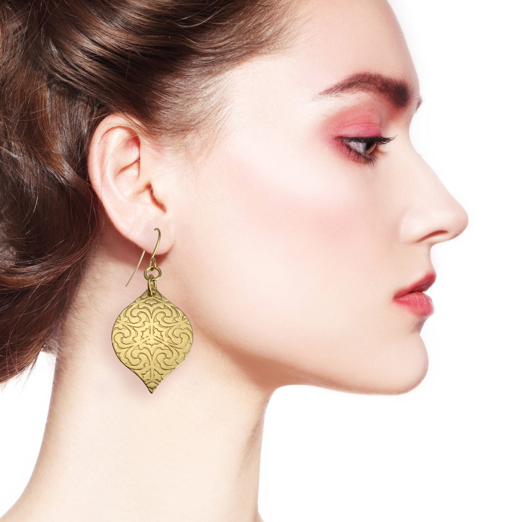 Damask Embossed Brass Nu Gold Marrakesh Drop Earrings - Handmade Boho Chic Jewelry for Women - Perfect for Weddings, Parties & Special Occasions