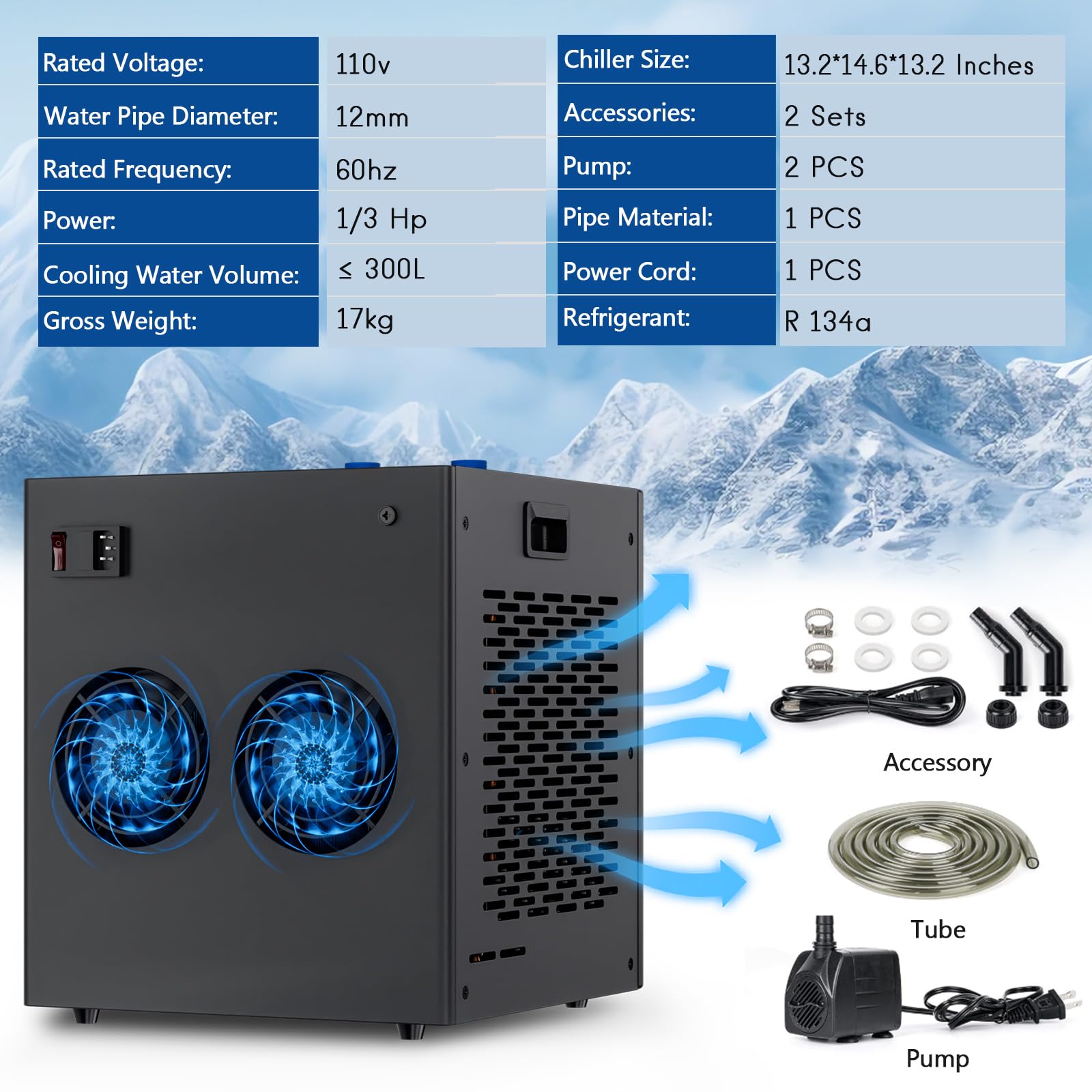 JJJ Aquarium Chiller 79 Gallon 1/3 HP Water Cooling System for Hydroponics, Coral Reef, Shrimp Tank, Freshwater & Saltwater Fish Tanks - Perfect for Home Aquariums, Aquatic Plants and Marine Life Care (110V)