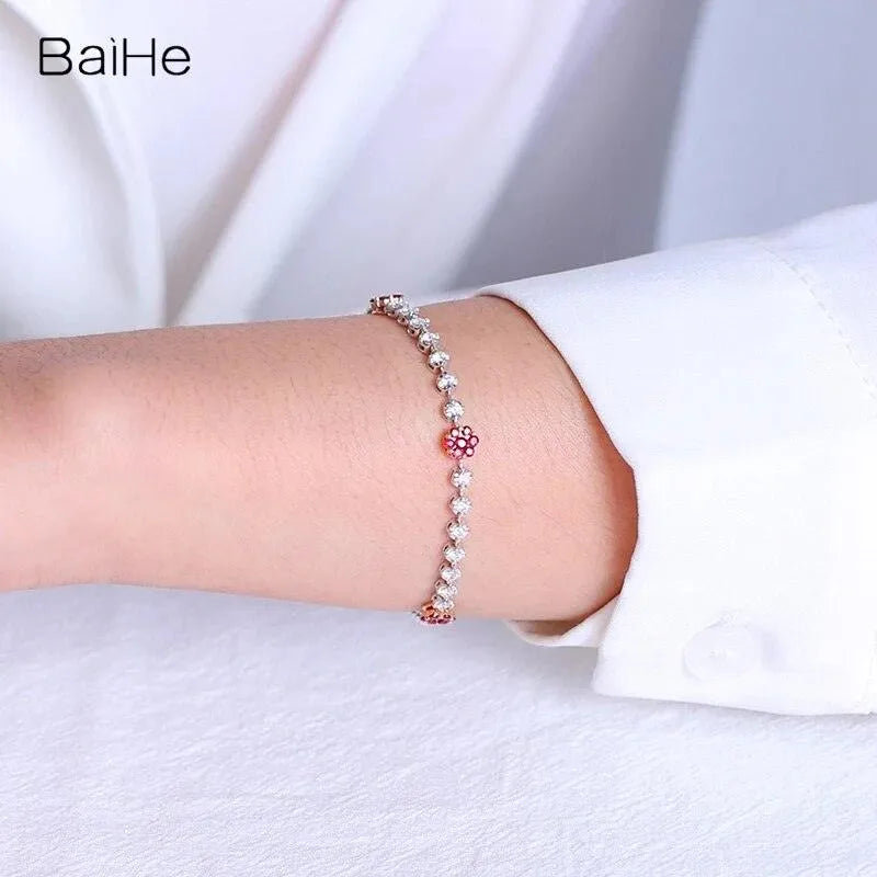 14K White Gold Natural Ruby & Diamond Flower Bracelet for Women - Elegant Wedding Gift & Fine Jewelry - Perfect for Bridal, Anniversary, and Special Occasions