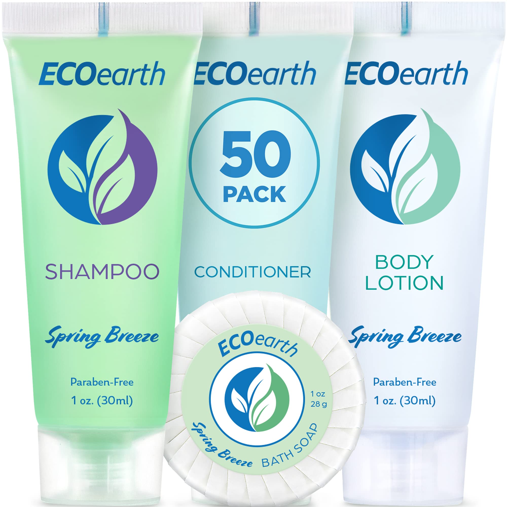 EcoEarth Bulk Hotel Toiletries Set - 200 Piece Spring Breeze Scented Travel Amenities (50 Soap Bars, 50 Shampoo, 50 Conditioner, 50 Lotion, 1oz Each) - Perfect for Hotels, B&Bs, Guest Houses, and Travel Kits
