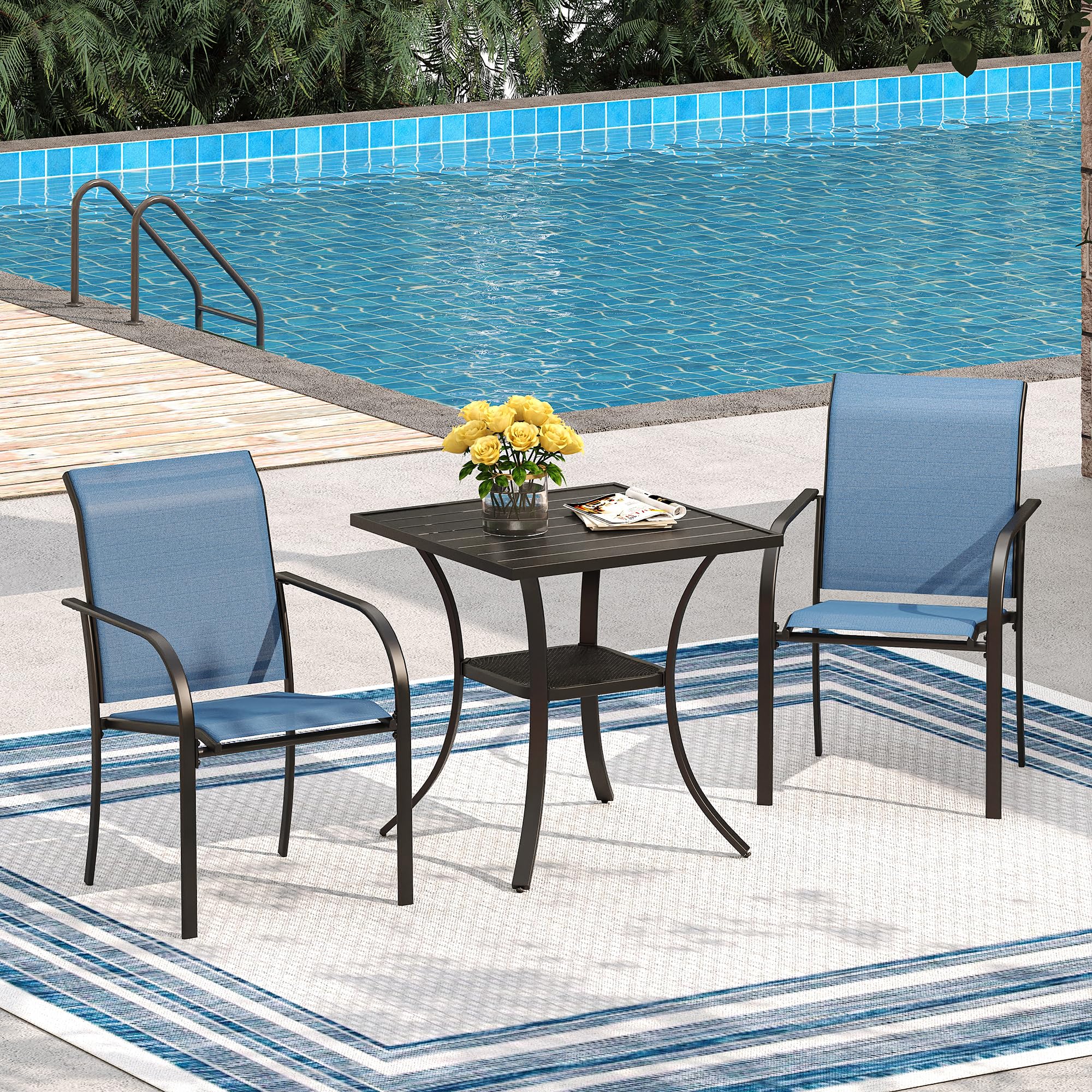 VICLLAX 3-Piece Small Patio Dining Set - Outdoor Stackable Chairs & Table with Storage Shelf (Blue Chairs, Black Table) for Balcony, Garden, Poolside & Backyard Relaxation