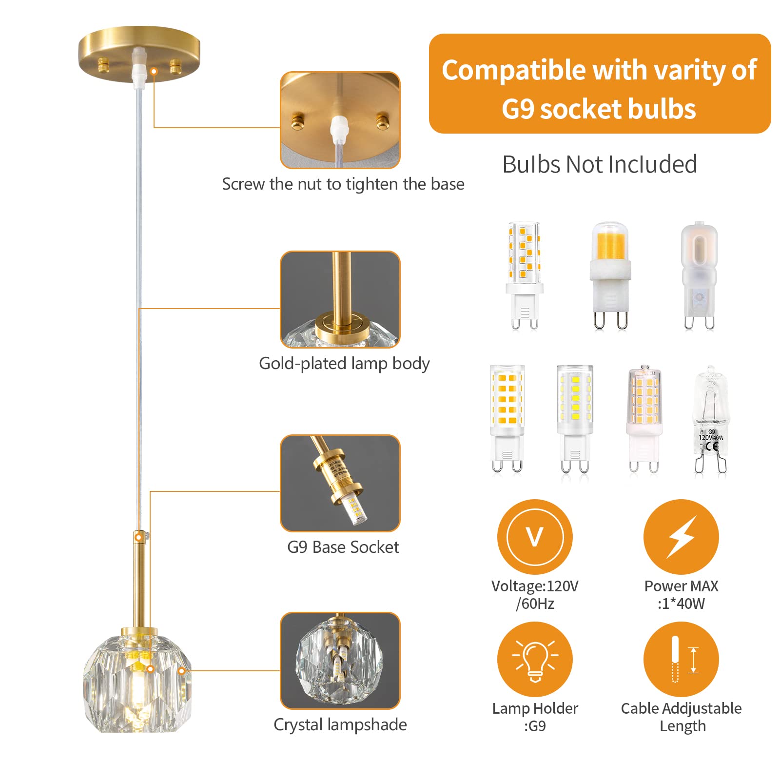 LMQNINE Mini Crystal Gold Pendant Lights - 3 Pack Adjustable Modern Chandelier Lighting Fixtures for Kitchen Island, Dining Room, Bedroom & Living Room - Perfect for Home Decor, Restaurant, Cafe and Office Lighting