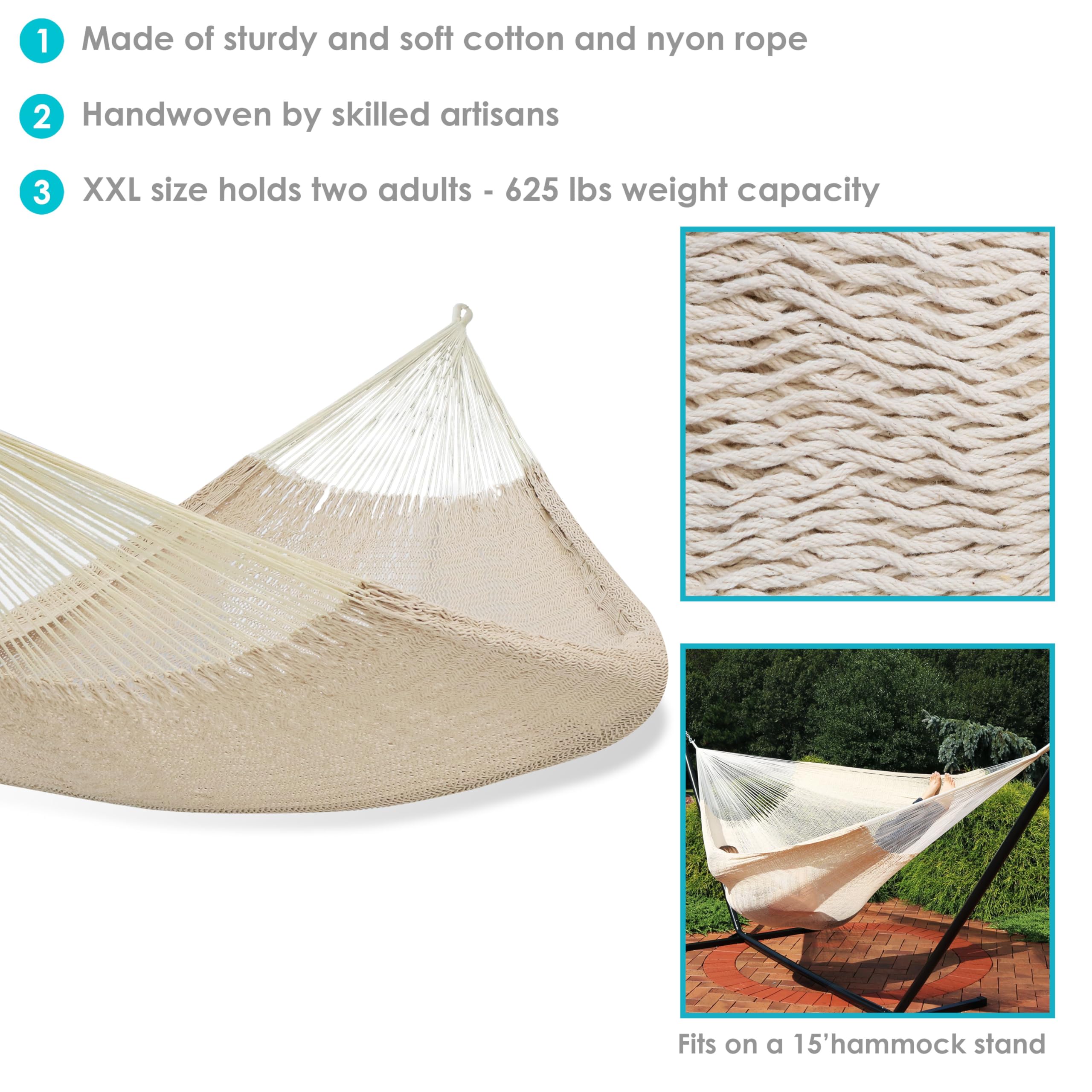 XXL Heavy-Duty Mayan Double Hammock for Outdoor Use - 625 lb Capacity Handwoven Cotton Rope Hammock - Natural Color - Perfect for Backyard, Camping & Beach Relaxation