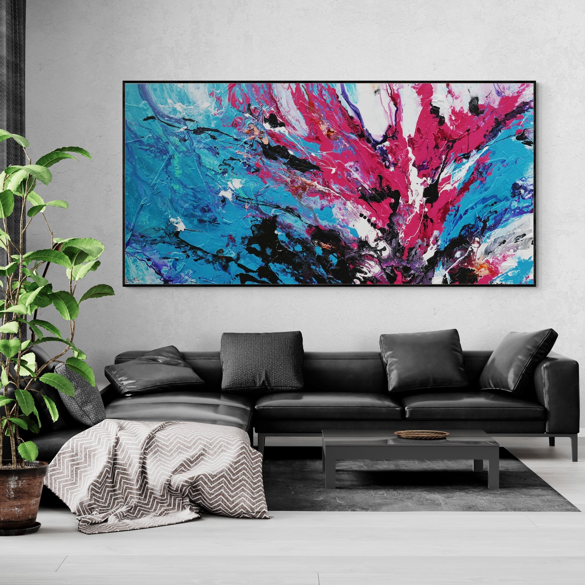 Bloom 240cm x 120cm Blue Pink Textured Abstract Canvas Art - Modern Wall Decor for Living Room, Bedroom & Office