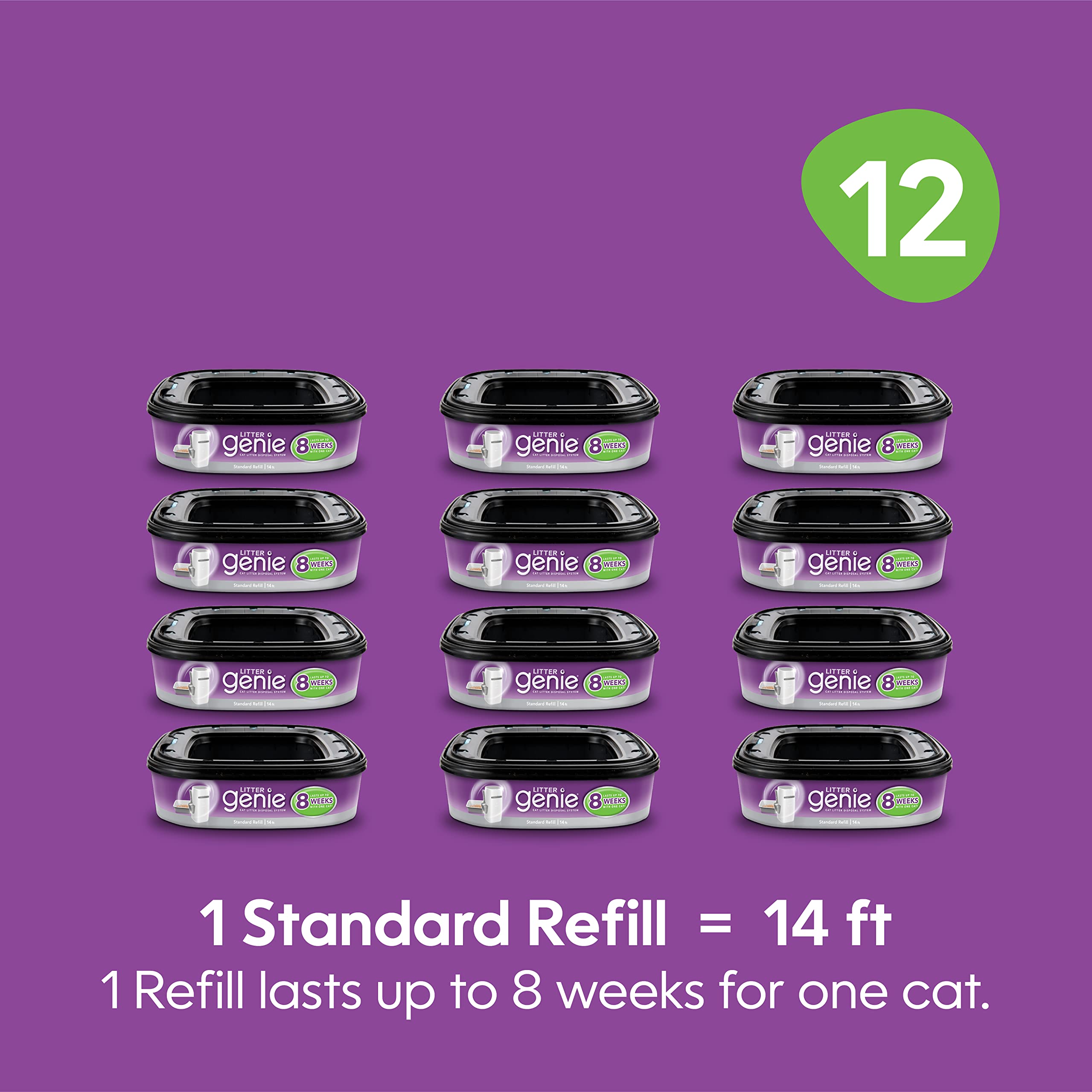 Litter Genie Refill Bags 12-Pack | Odor Control Cat Litter Disposal Bags with Multi-Layer Barrier Technology | 1 Cartridge Lasts 2 Months Per Cat | Perfect for Small Spaces & Multi-Cat Households