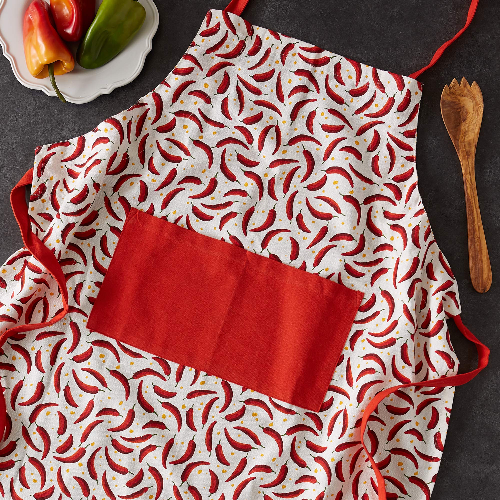 DII Caliente Collection Kitchen Apron - Chef's Apron with Chili Pepper Design - Perfect for Cooking, Grilling & BBQ - Adjustable & Stylish Apron for Home & Professional Use