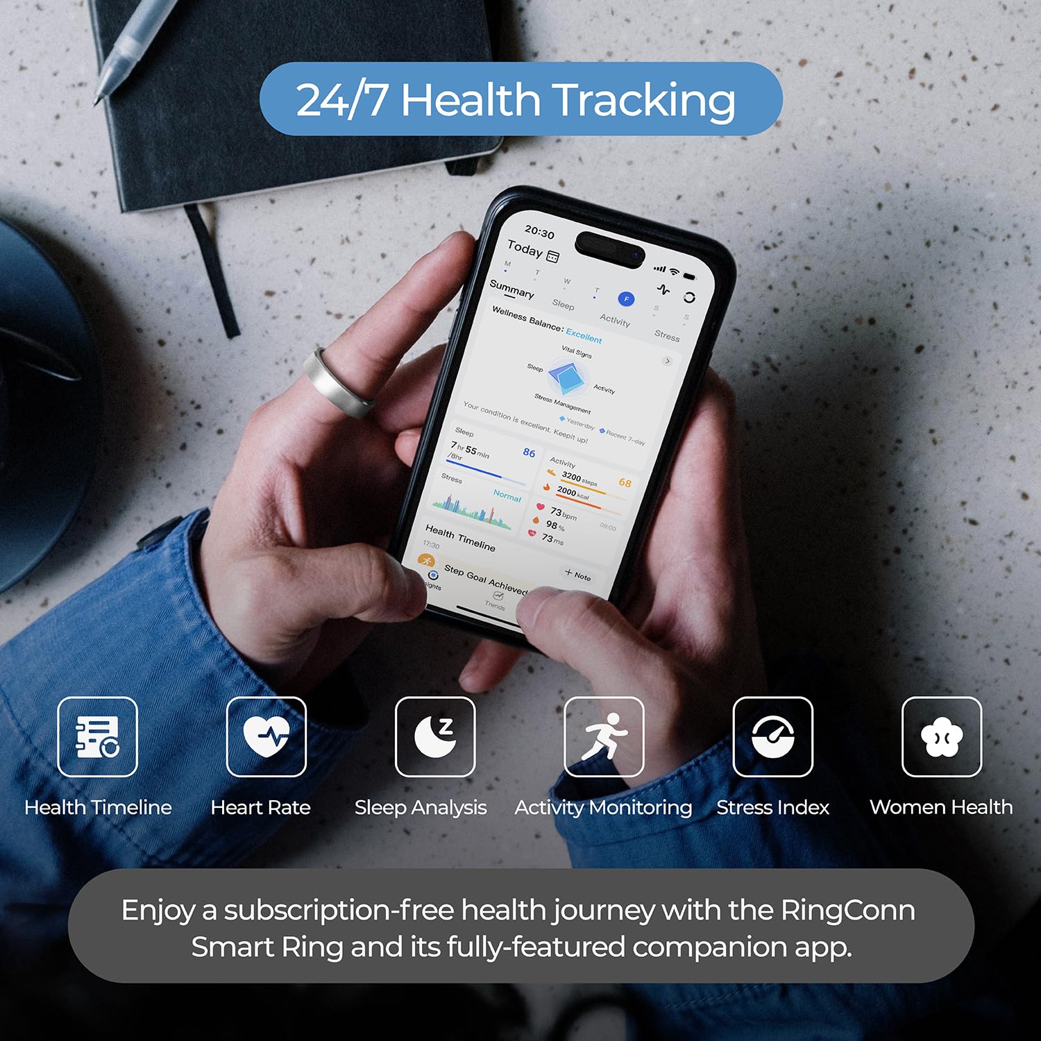 RingConn Smart Ring - No App Subscription, Sizing Kit Included, 7-Day Battery Life - Activity & Sleep Tracker with Stress & Heart Rate Monitoring - Waterproof Fitness Ring for iOS & Android (Silver, Size 14) - Perfect for Health Monitoring, Workouts & Daily Wellness Tracking