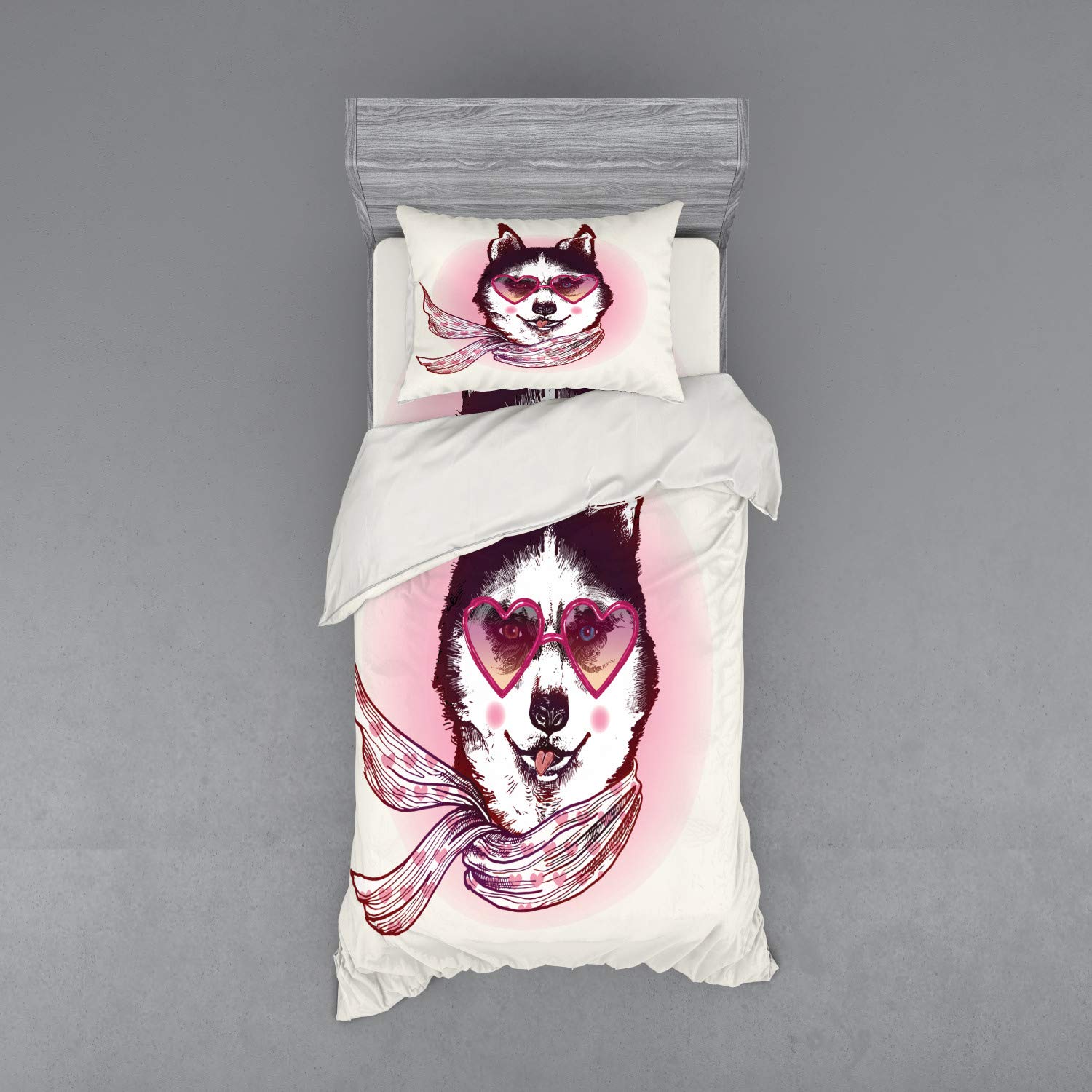 Ambesonne Cartoon Dog Bedding Set - Hipster Husky with Hearts Sunglasses & Scarf Print, 3-Piece Duvet Cover Set with Pillow Sham & Fitted Sheet, Twin Size, Pink Cream Black - Perfect for Kids' Rooms, Teen Bedrooms & Dog Lover Gifts